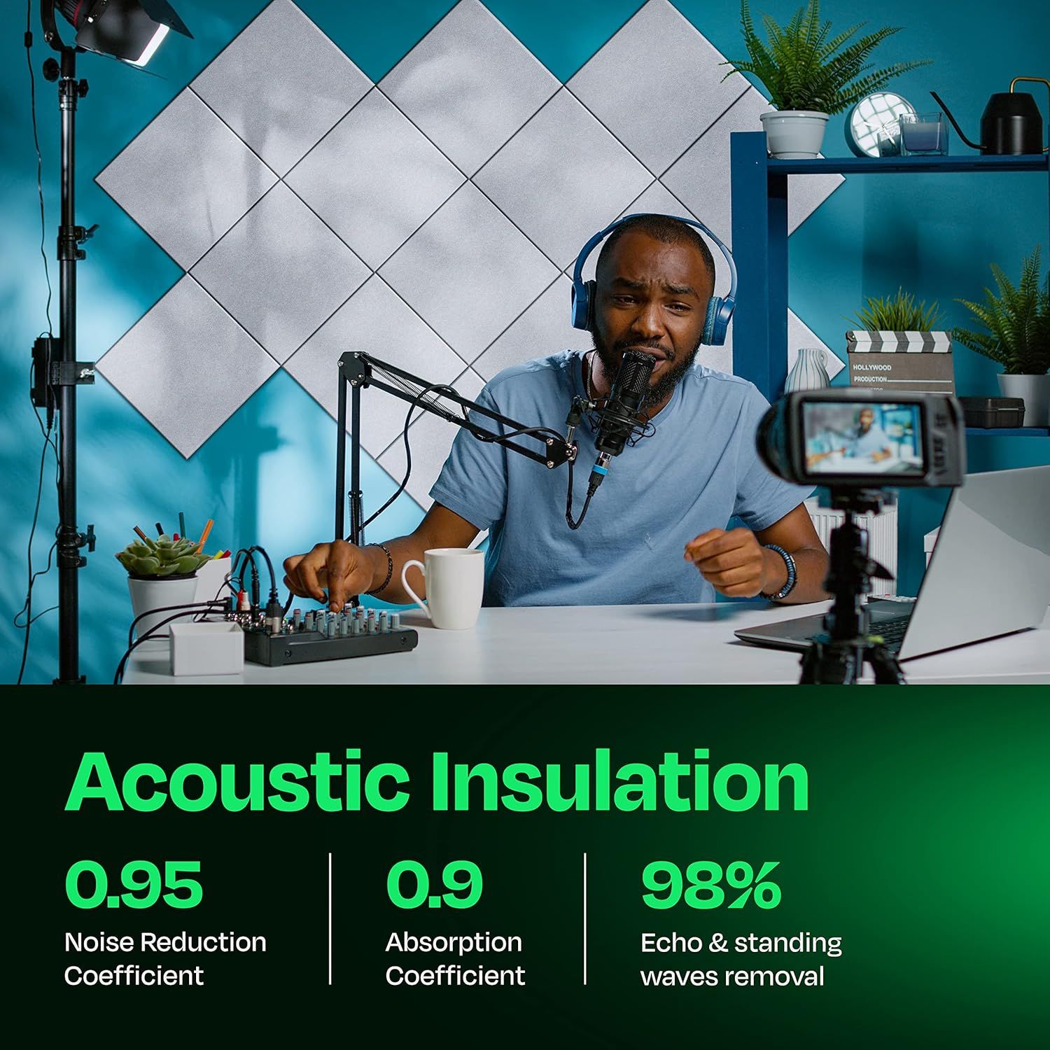 Communicates the acoustic foam panels' technical performance through three quantifiable metrics (0.95 noise reduction, 0.9 absorption, 98% echo removal) to reassure shoppers of the product's…