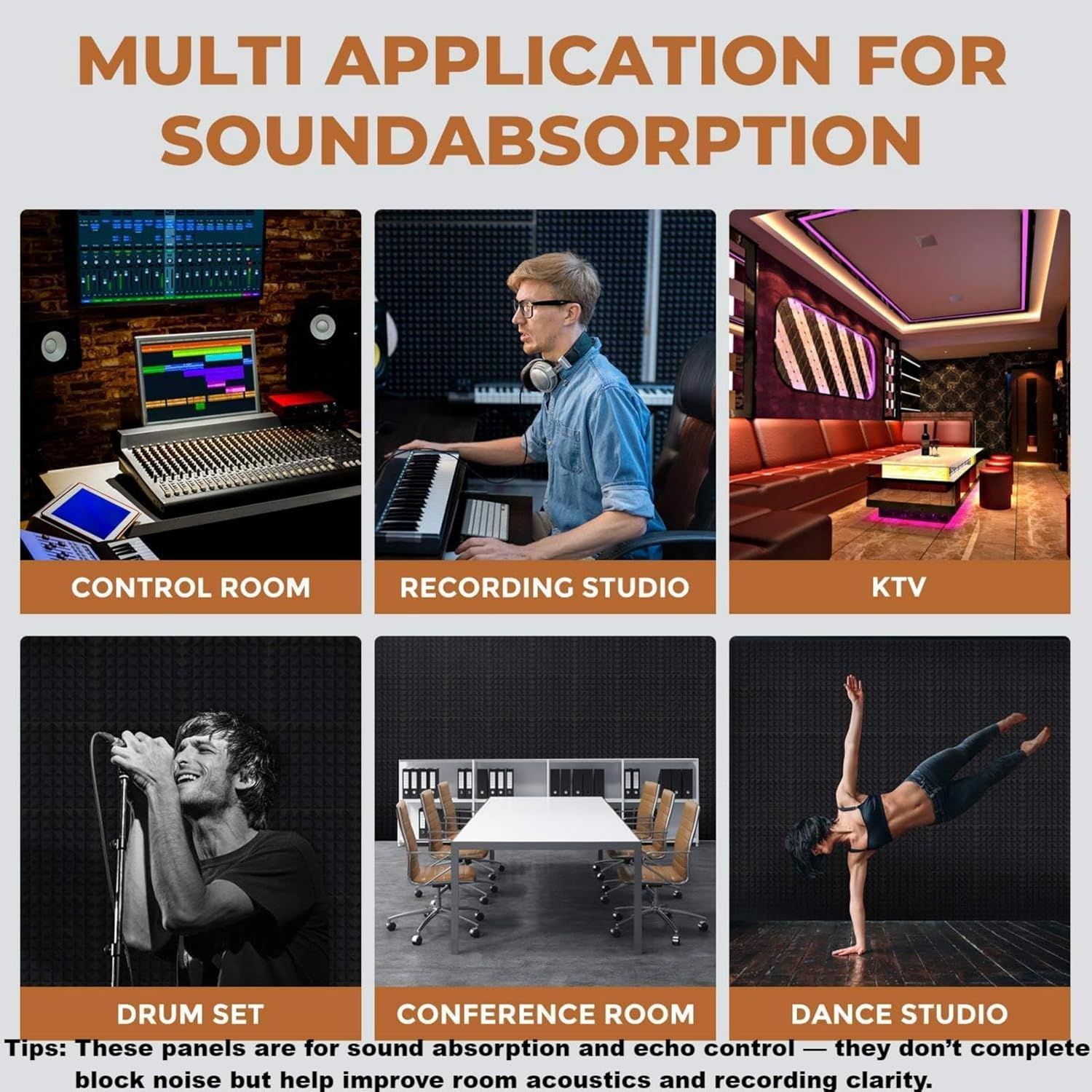 Demonstrates the versatility of the soundproofing product by showing six different professional and recreational environments where it can be effectively used for acoustic control.