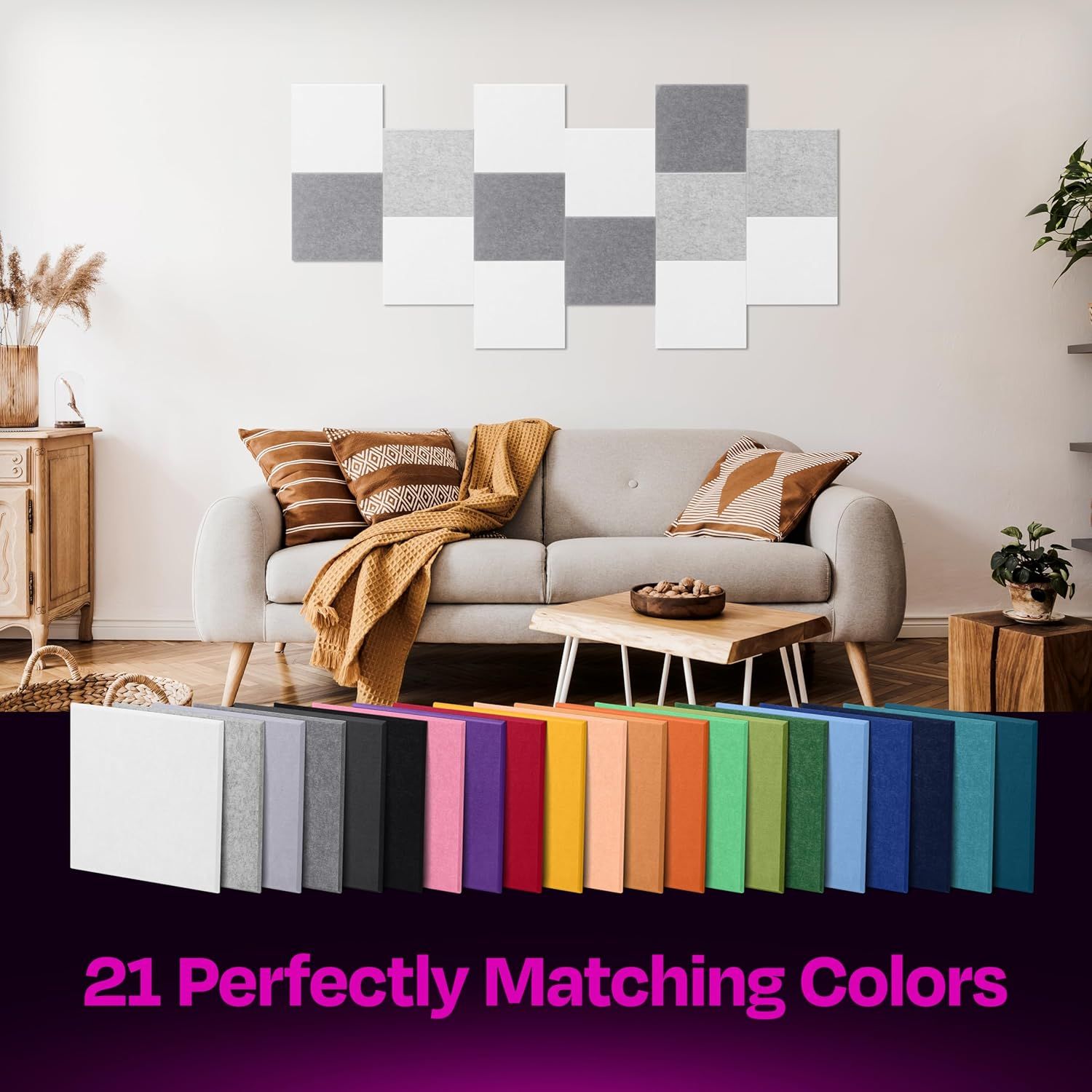 Showcases the brand's product portfolio by displaying 21 color options available for the acoustic panel product, helping shoppers understand the full range of choices and find the perfect match for…