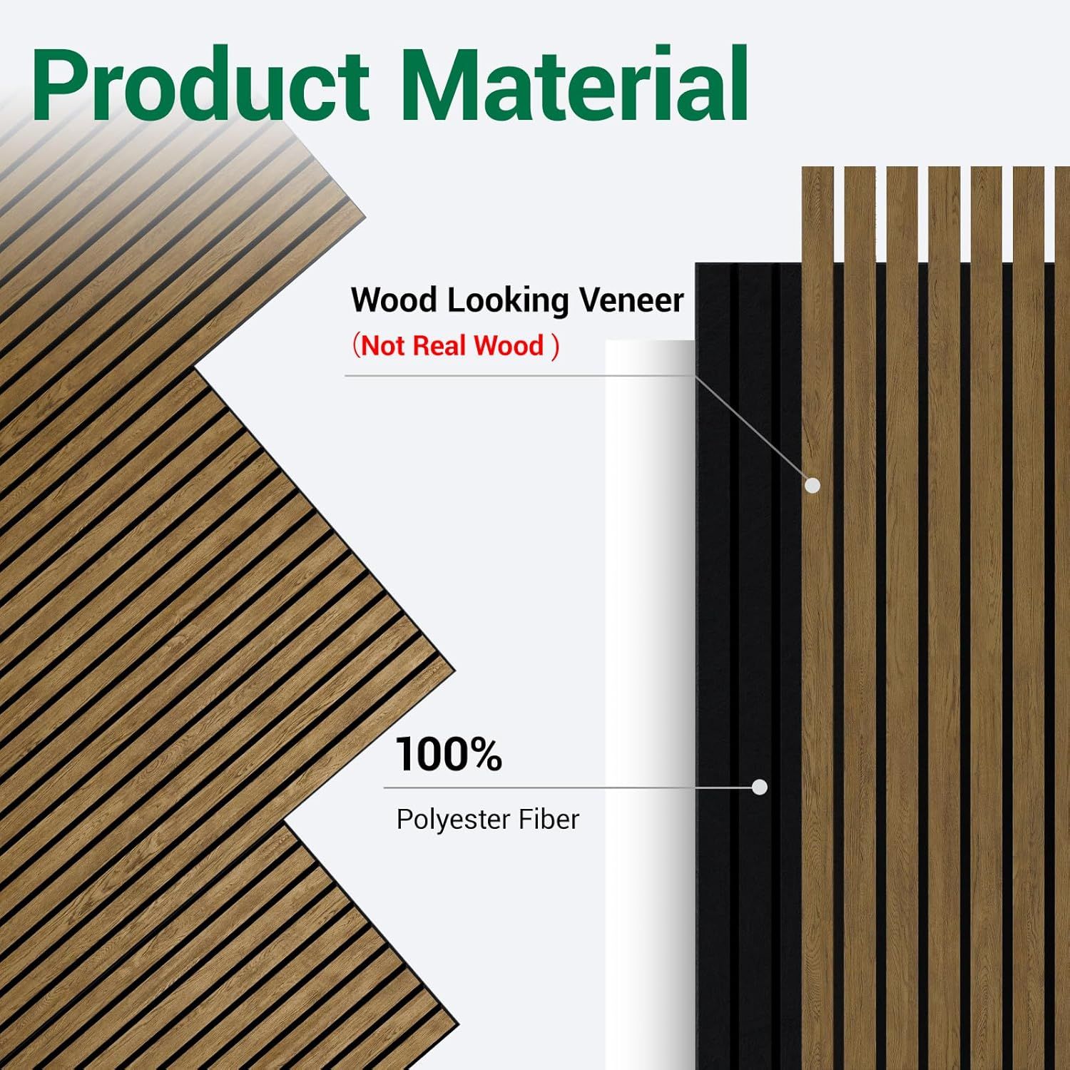 This image breaks down the product's construction to show shoppers what the product is made of—a wood-looking veneer surface over a 100% polyester fiber core—clarifying that it's not real wood and…