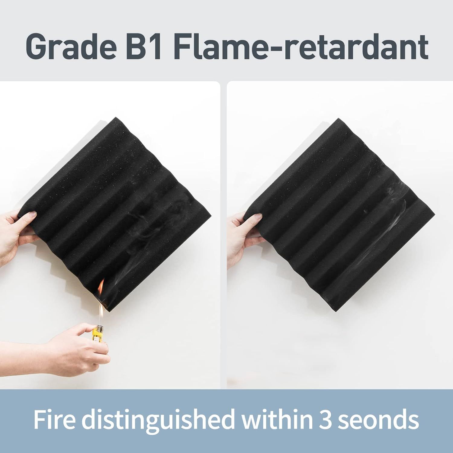 Demonstrates the product's Grade B1 flame-retardant capability by showing a before-and-after comparison where fire is extinguished within 3 seconds, reassuring shoppers of its safety and…