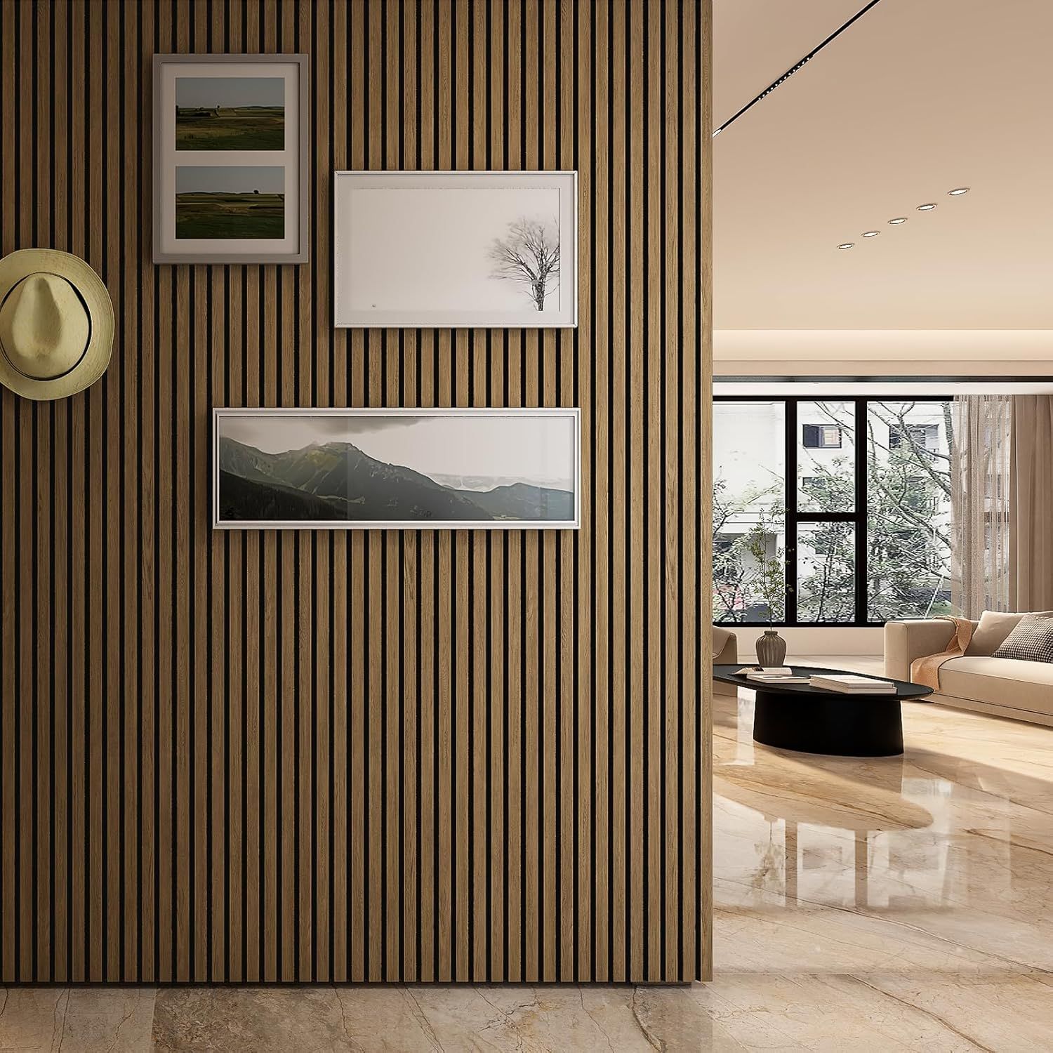 Demonstrates the product (wall art/framed prints) in a real-world home setting to help shoppers visualize how it would look in their own space.