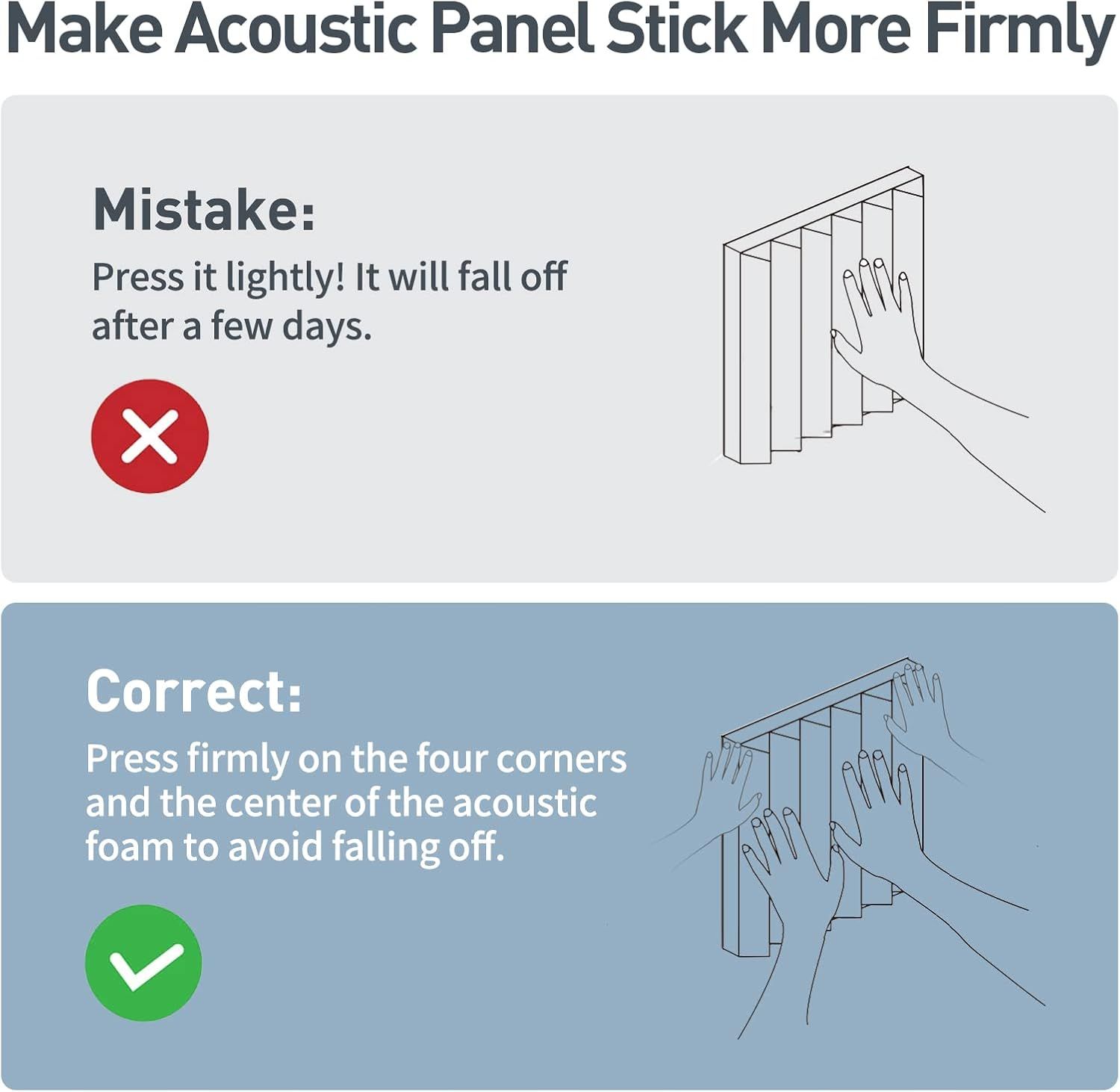 Instructs shoppers on the correct way to install acoustic panels by pressing firmly on corners and center, preventing installation mistakes that would cause panels to fall off.
