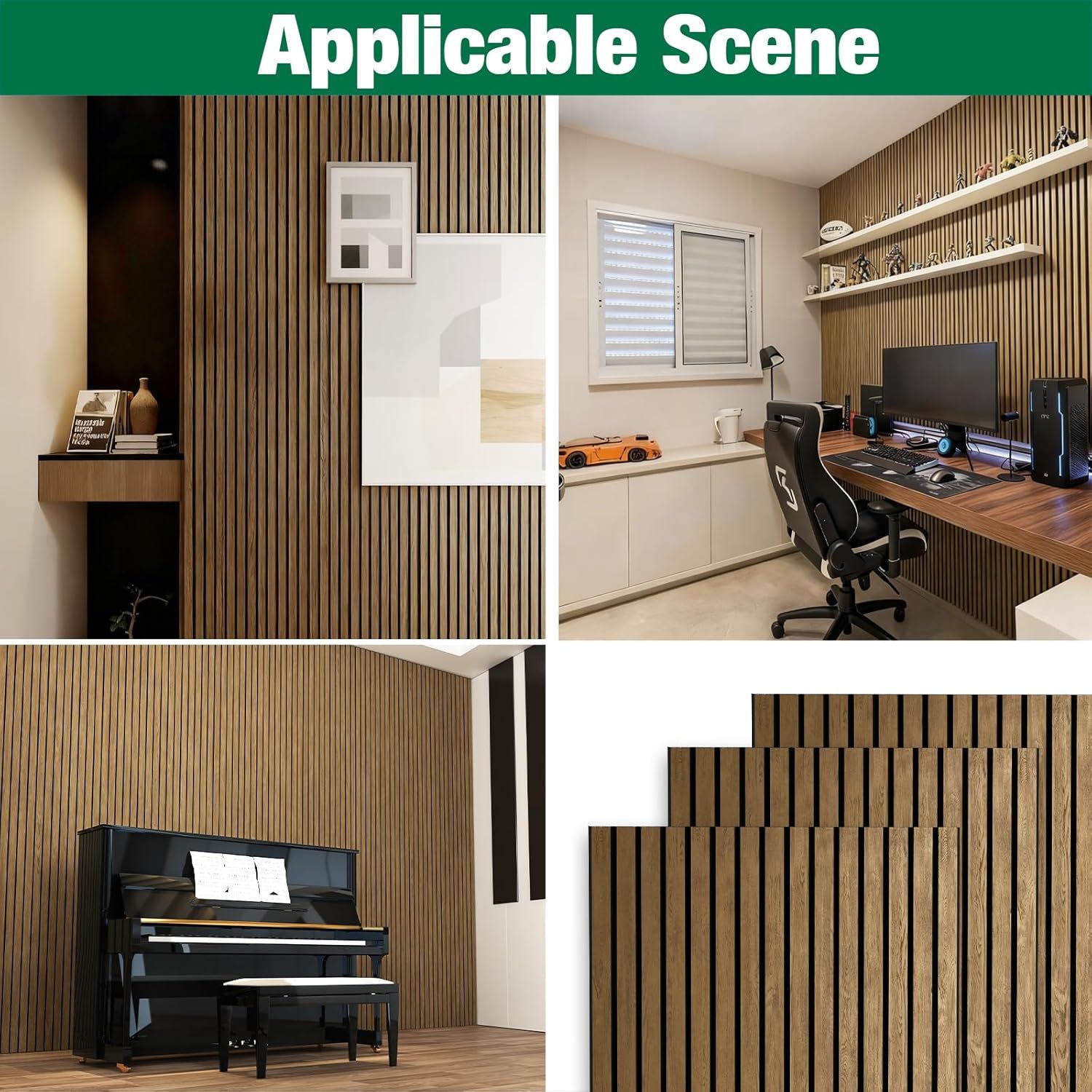 Demonstrates the product's versatility by showing it installed in multiple interior settings including living room, home office, and music room to reassure shoppers it works in various home…