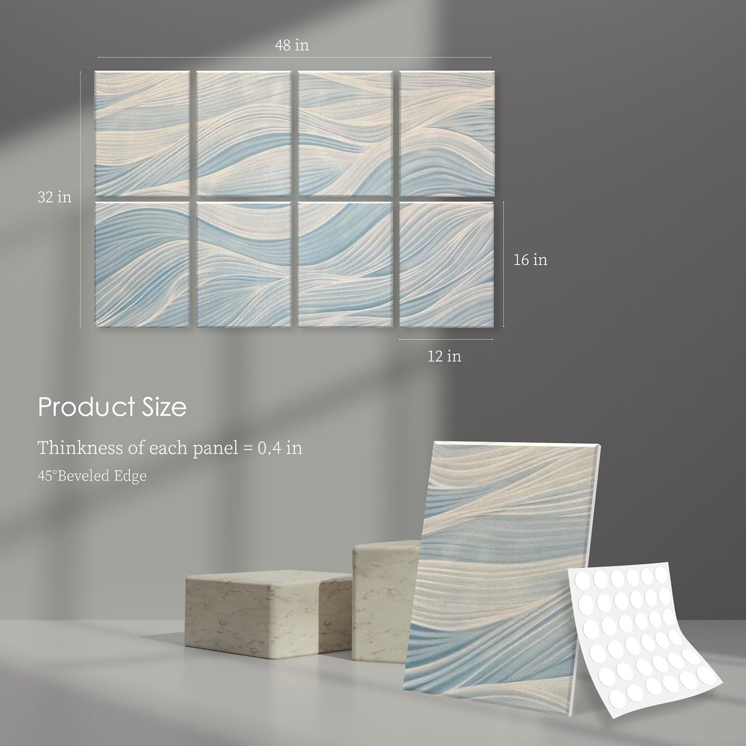 Communicates the exact physical dimensions of the wall art panels (48 in x 32 in overall, individual panel sizes, and 0.4 in thickness) to help shoppers understand the product's size and scale for…