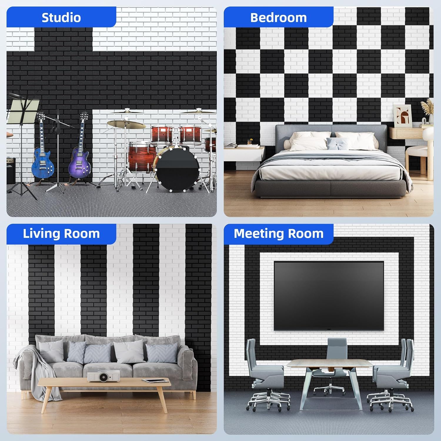 Demonstrates the product's versatility by showing it can be used in multiple different room types and settings (studio, bedroom, living room, meeting room).
