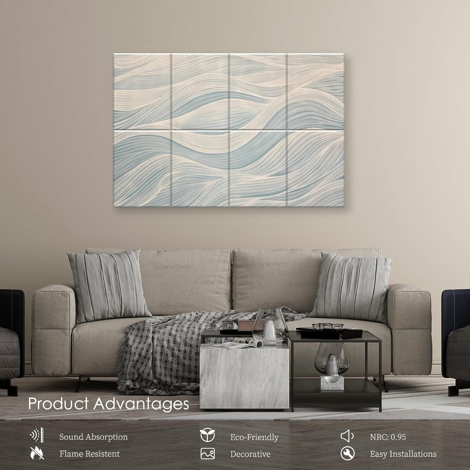 Communicates multiple distinct product advantages in a segmented layout with icons, showing the wall panel's acoustic, safety, environmental, aesthetic, and installation benefits to help shoppers…