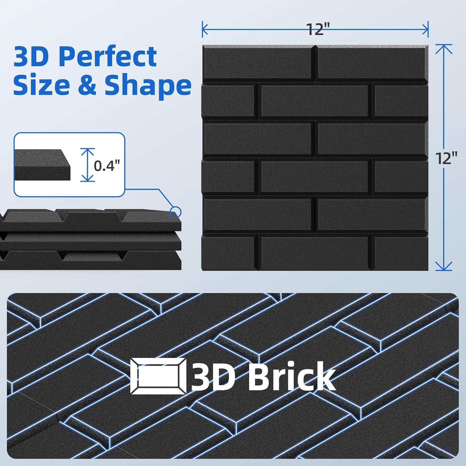 Communicates the precise physical dimensions (12" x 12" x 0.4") and 3D brick shape of the product to help shoppers understand the exact size and realistic appearance before purchase.