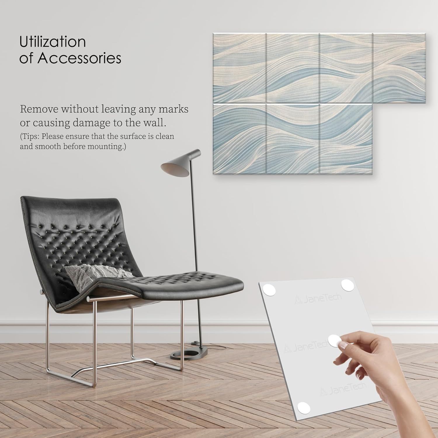 Demonstrates how to use the included mounting accessories to install wall art without damaging walls, reassuring shoppers about ease of setup and wall safety. Shows that mounting accessories are…
