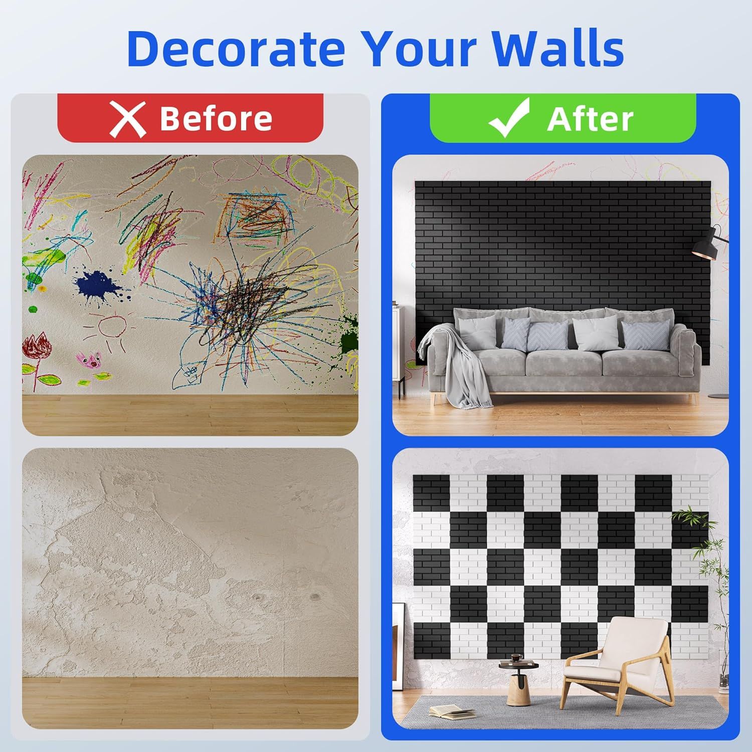 Demonstrates the dramatic transformation from damaged, messy walls to clean, professionally decorated walls using the product's decorative tile panels, proving the product's effectiveness and…