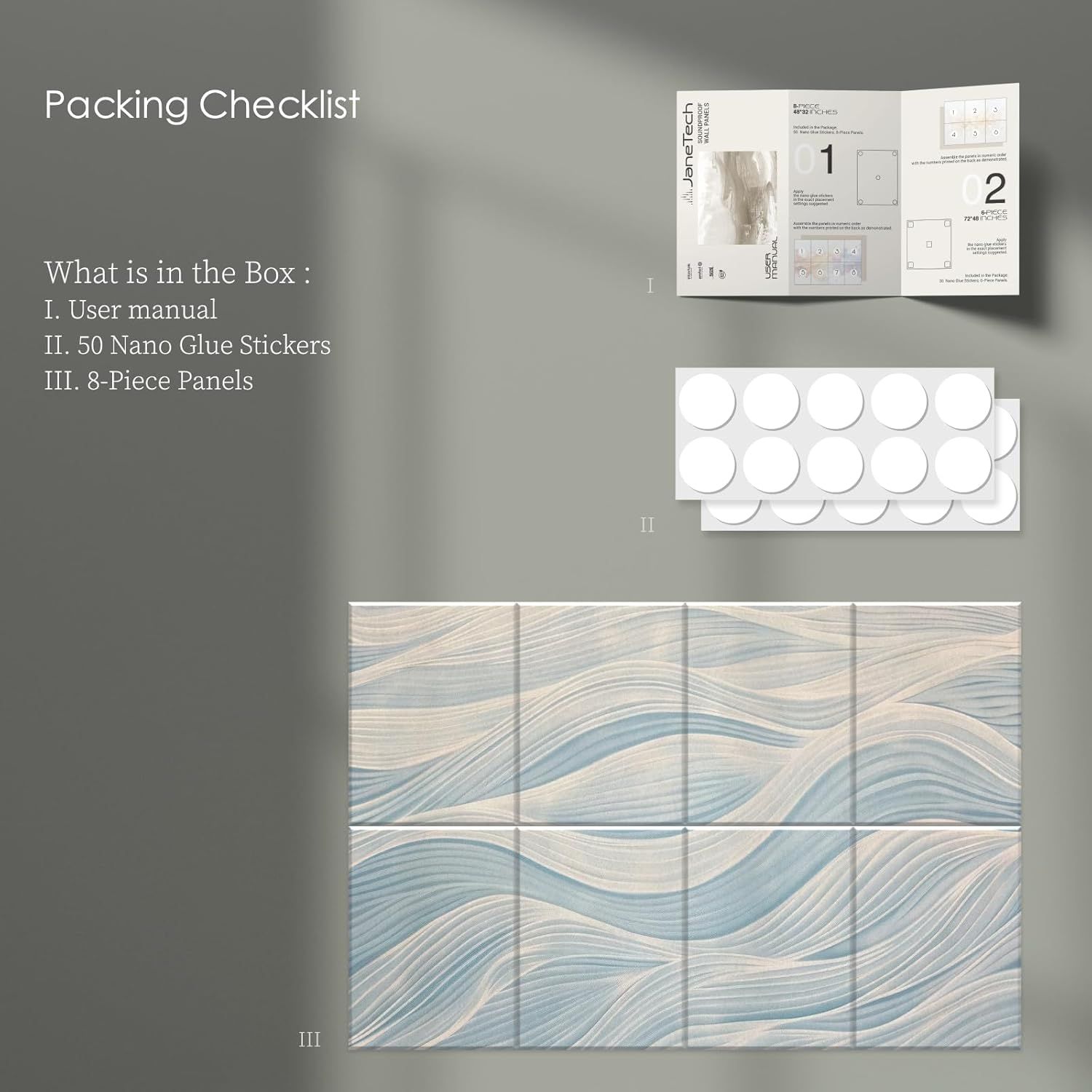 Shows the customer exactly what they will receive in the package, including the user manual, nano glue stickers, and decorative panels, to set clear expectations and reassure them about the…