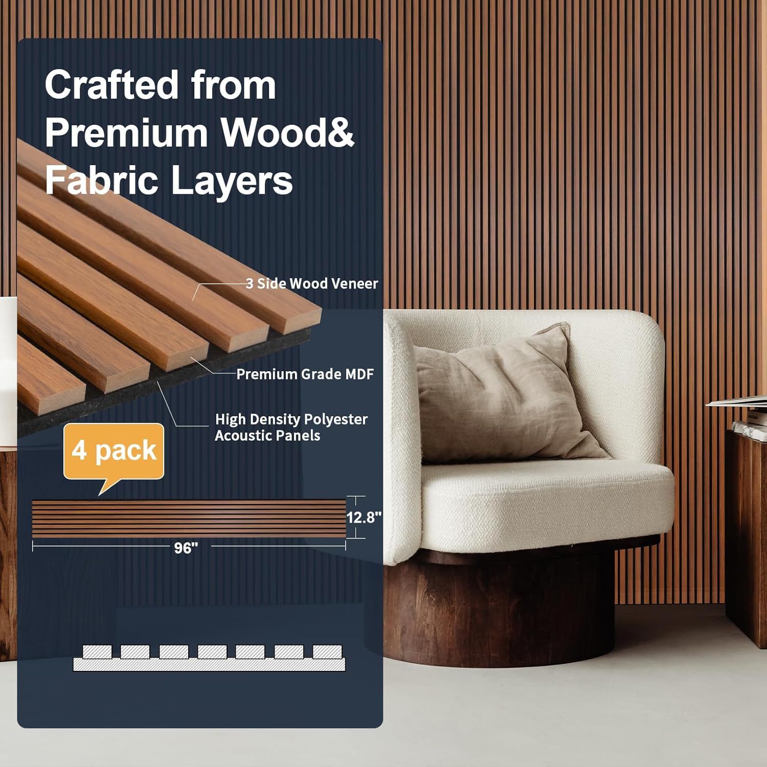 This image breaks down the acoustic panel's layered construction to show shoppers the premium materials and quality craftsmanship that make up the product. Provides exact product dimensions to help…