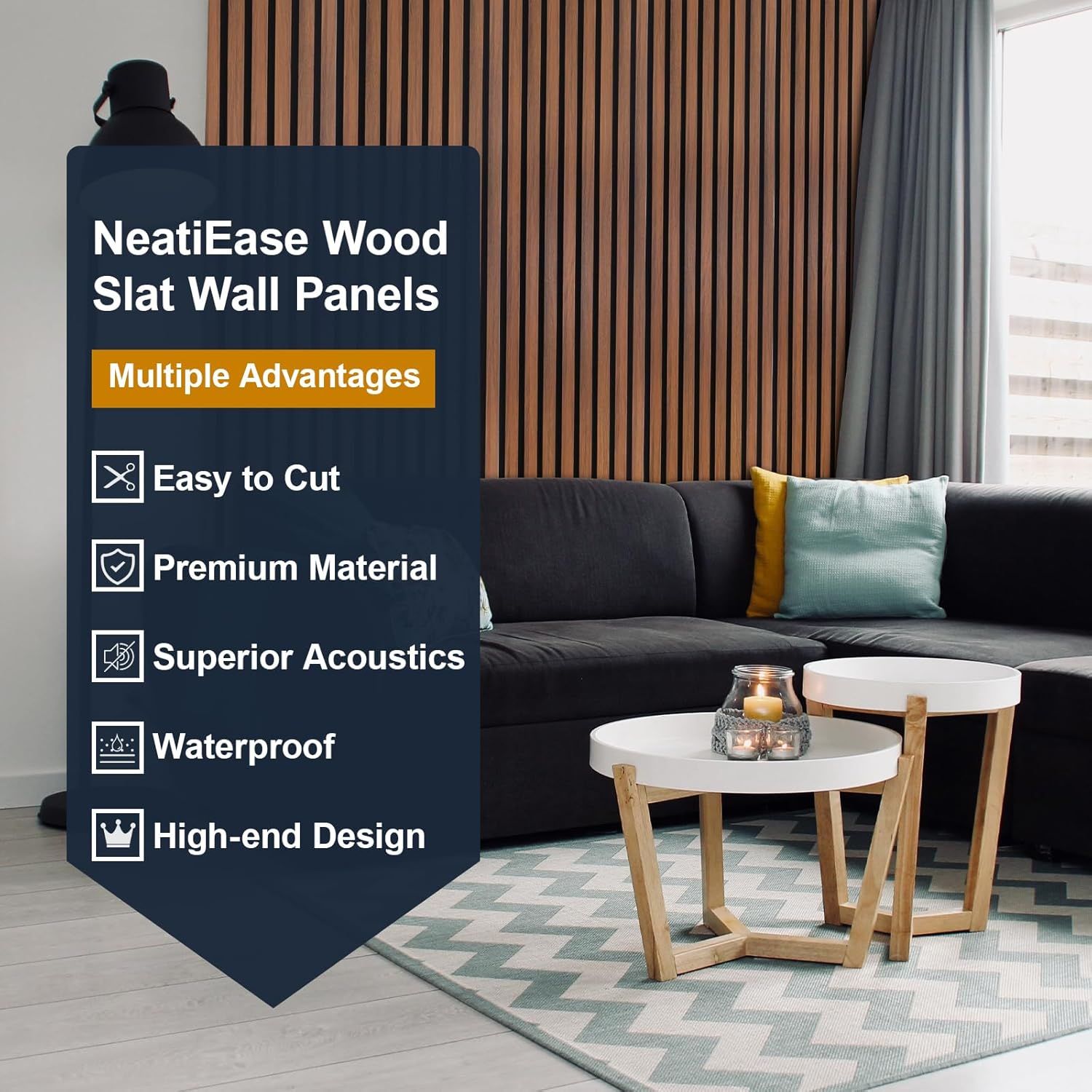 Communicates multiple distinct advantages of the wood slat wall panels in a segmented list format, reassuring shoppers of the product's quality, functionality, and aesthetic appeal.