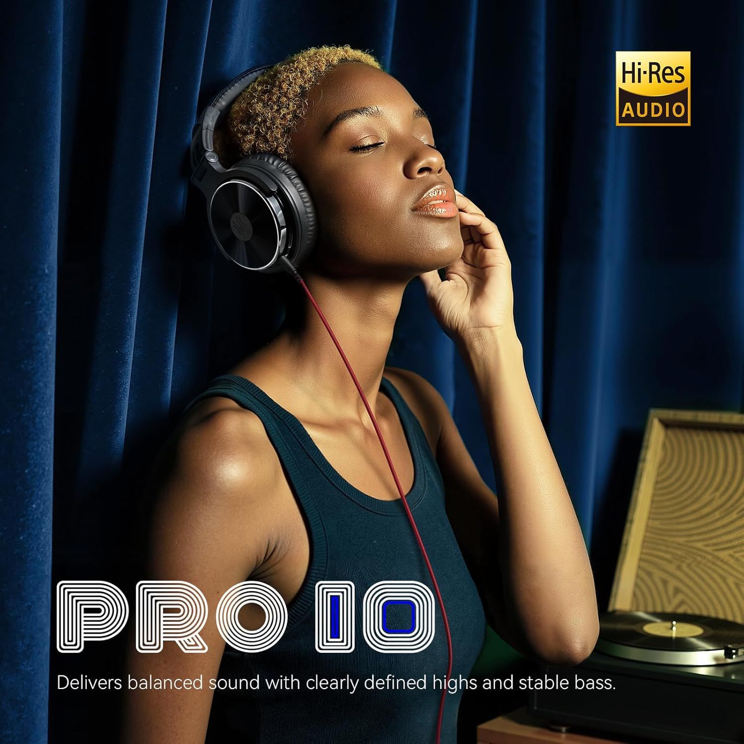 Communicates the headphones' high-resolution audio capability and balanced sound quality to appeal to audiophiles and music enthusiasts seeking premium listening experience.