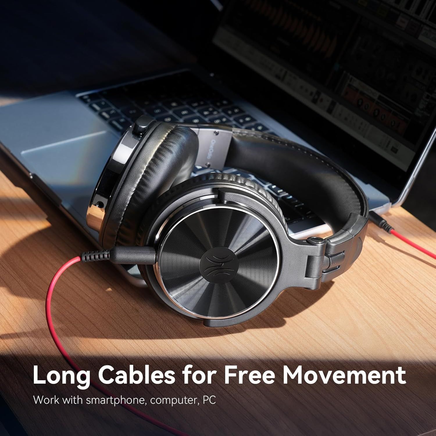 Communicates that the headphones come with long cables that allow free movement and work with multiple devices, addressing shopper concerns about mobility and compatibility. Shows that the…