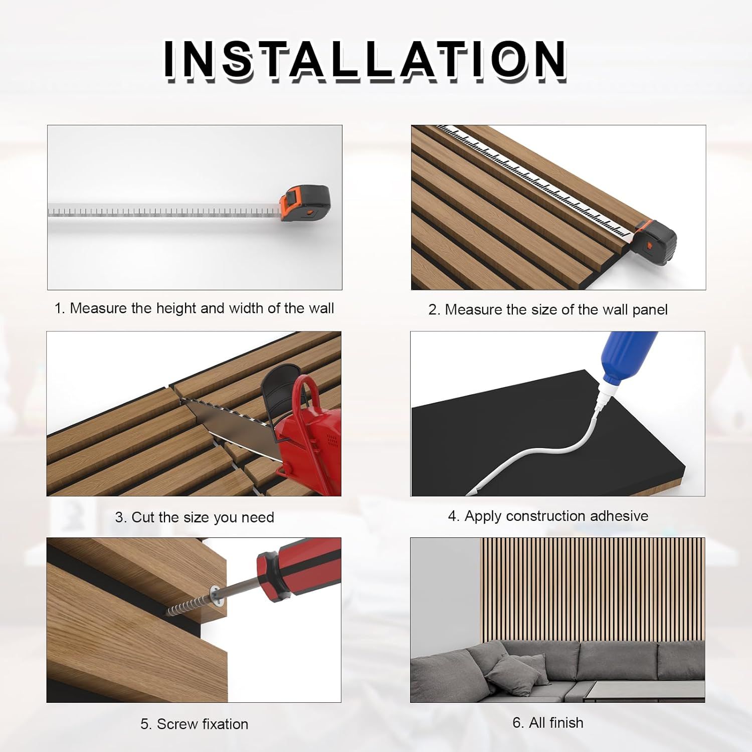 Provides a clear 6-step visual guide showing shoppers exactly how to measure, cut, and install the wall panel product, reducing purchase hesitation by demonstrating ease of installation.