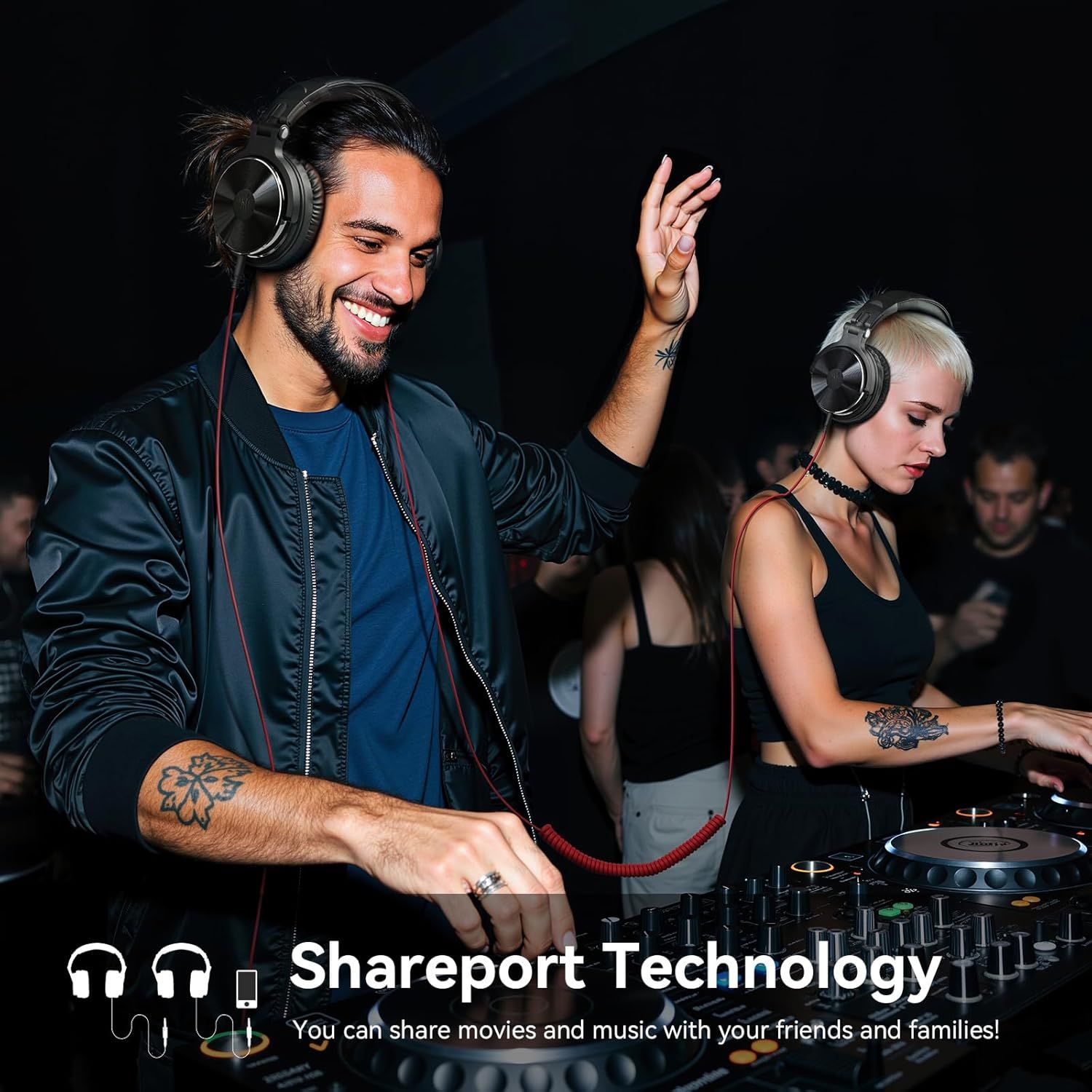 Highlights the product's shareport technology feature that allows users to share movies and music with friends and family, emphasizing social connectivity and shared entertainment experiences.
