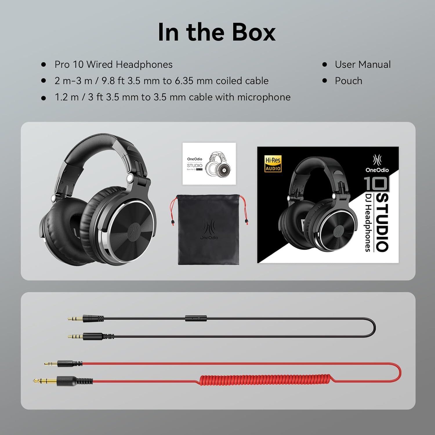 Shows the customer everything included with their purchase: the Pro 10 headphones, two cables (one coiled, one with microphone), user manual, pouch, and retail packaging to set clear expectations…