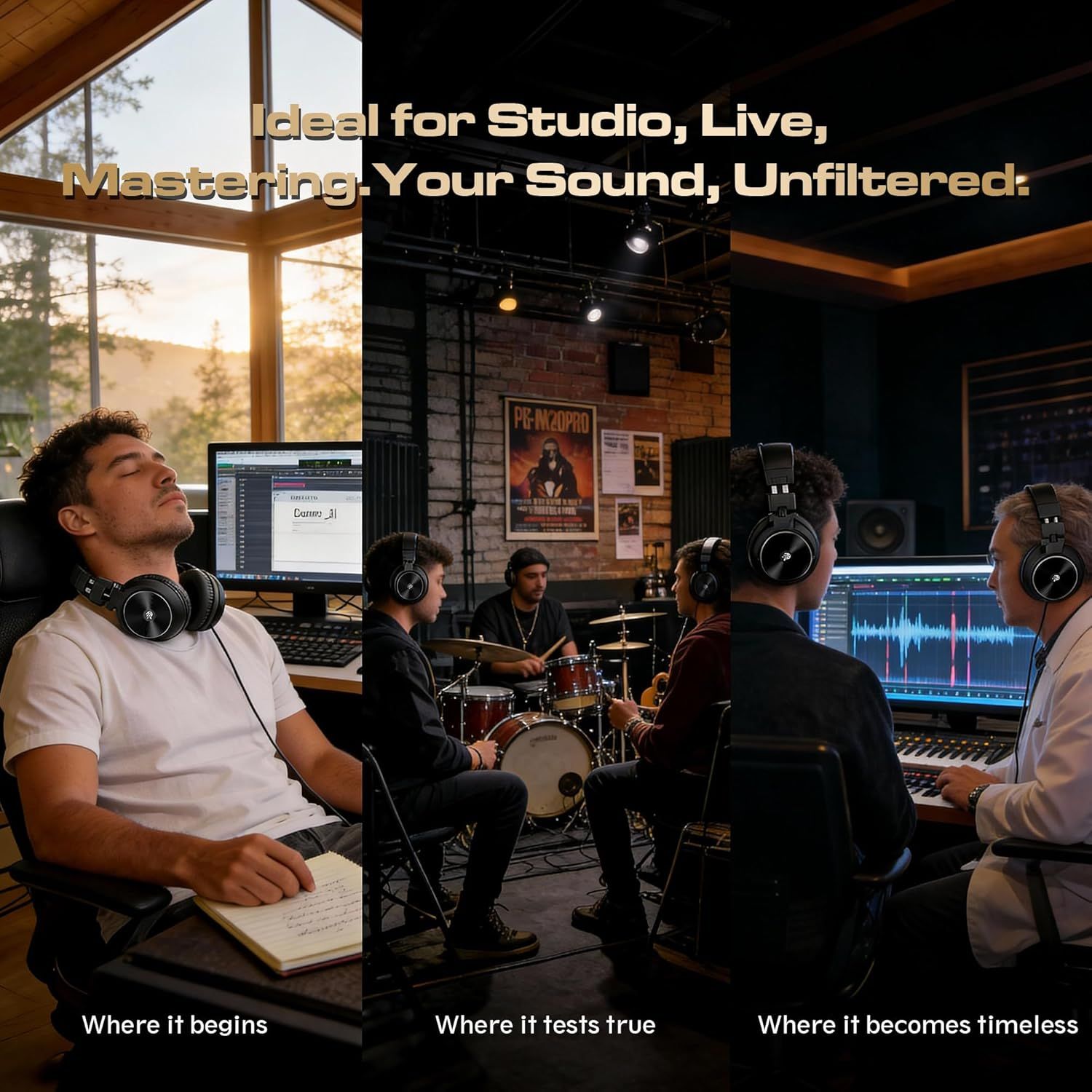Demonstrates the product's versatility across multiple professional audio environments—studio recording, live performance, and mastering—to show it delivers unfiltered sound quality in all contexts.