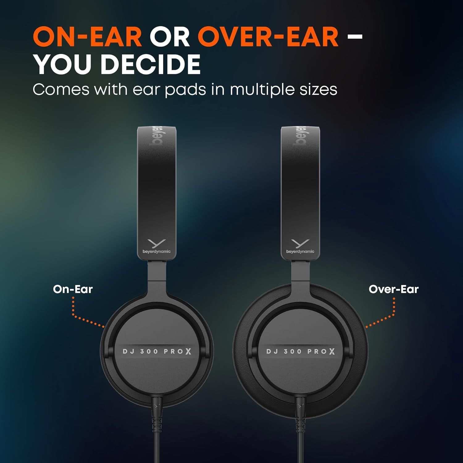 Communicates that the headphones offer flexible wearing styles (on-ear or over-ear) with multiple ear pad sizes, allowing users to choose their preferred comfort and fit.
