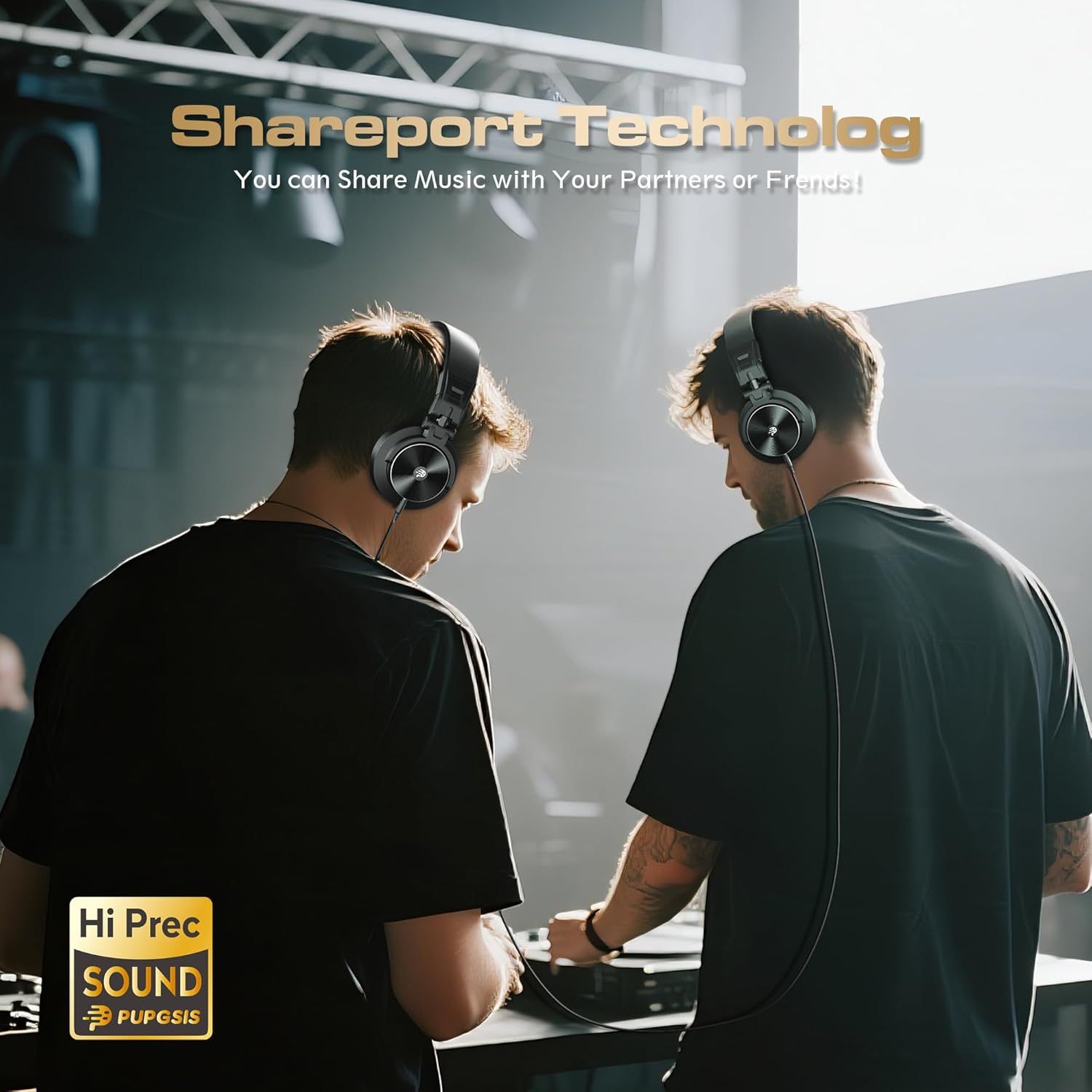 Demonstrates the product's music-sharing capability, showing how two people can listen together using the Shareport Technology feature to reassure shoppers of its social and collaborative use case.…