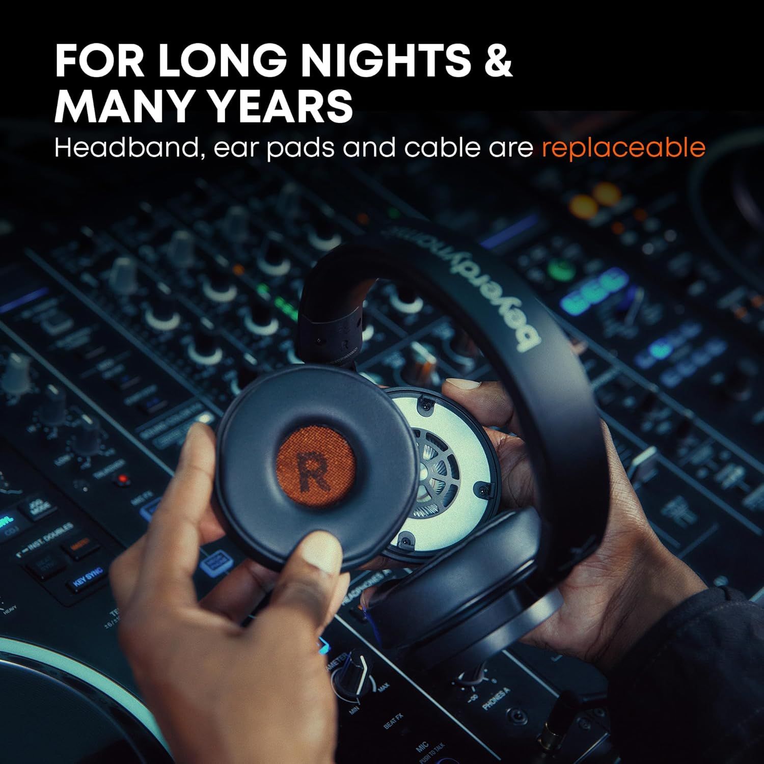 Communicates that the headphones are built for long-term use by highlighting that key components (headband, ear pads, cable) are replaceable, reassuring shoppers about durability and value over time.