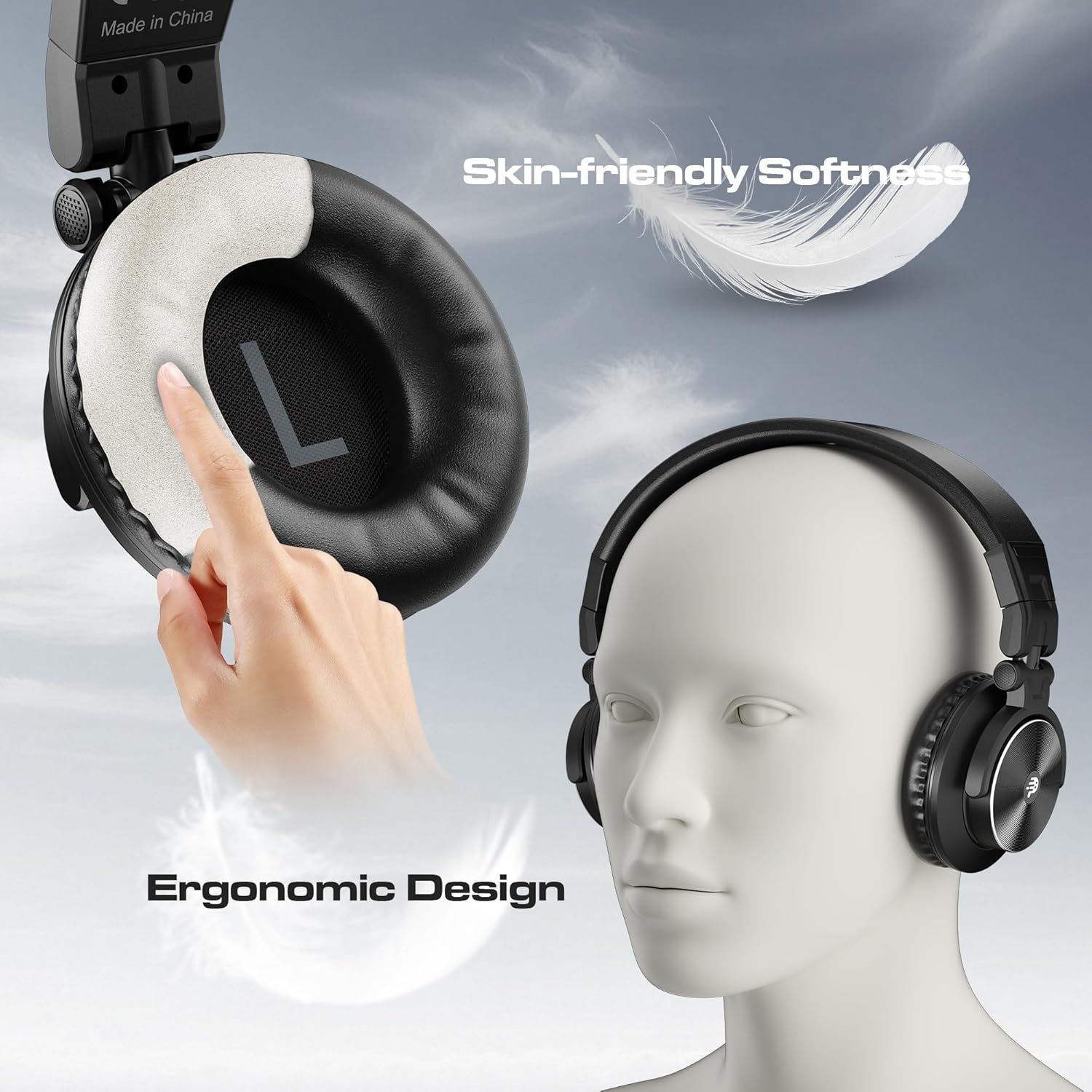 Highlights two distinct comfort benefits of the headphones: the soft, skin-friendly ear cushions and the ergonomic design for extended wear comfort.