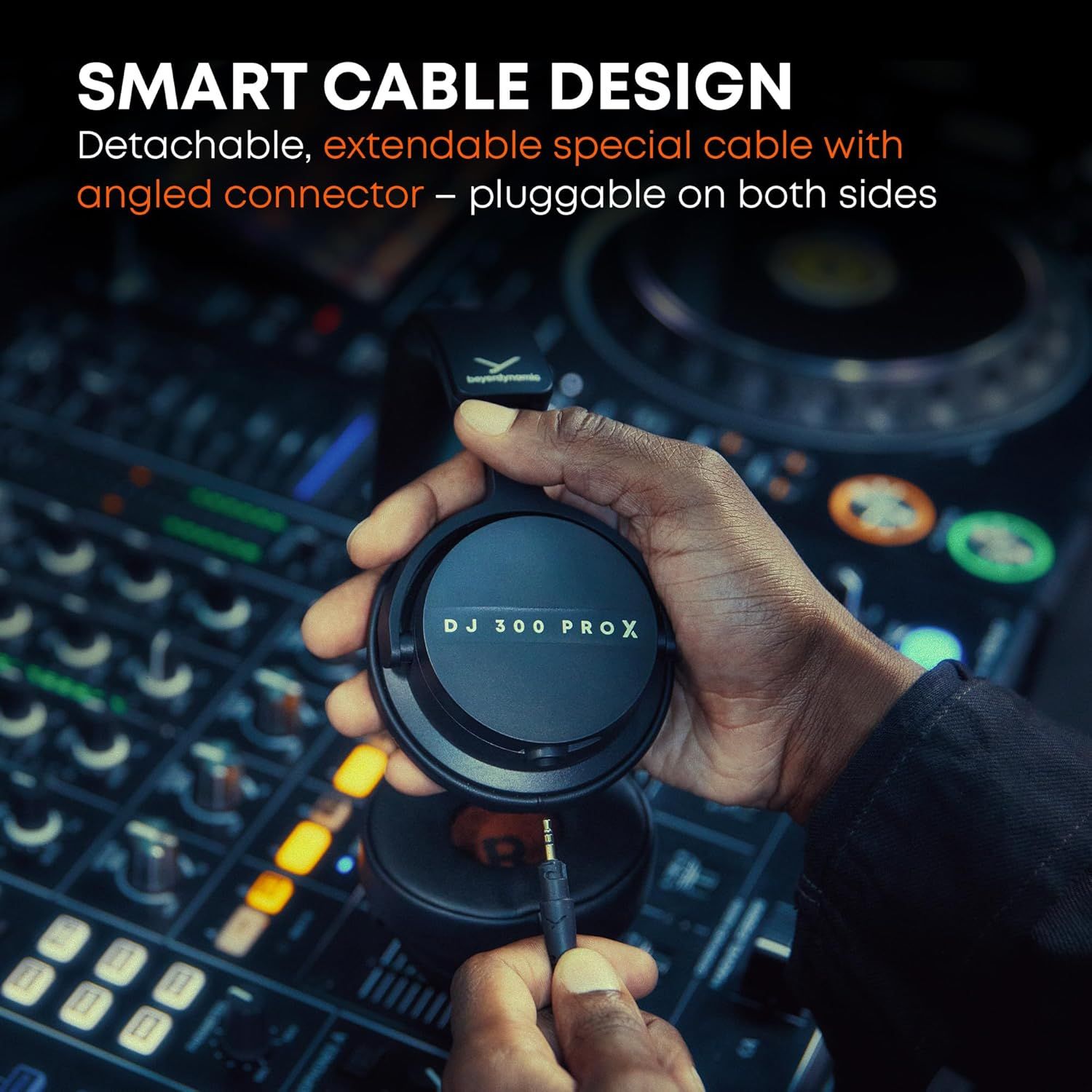 Highlights the innovative cable design that is detachable, extendable, and features an angled connector that's pluggable on both sides, emphasizing convenience and flexibility for DJ use.