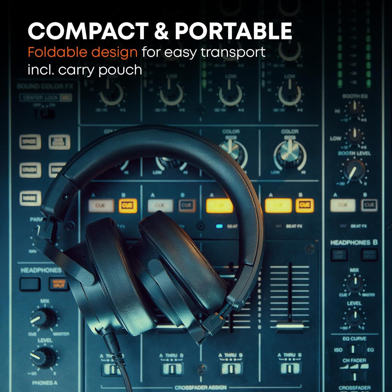 Communicates that the headphones are foldable and easy to transport, emphasizing portability and convenience for users on the go.