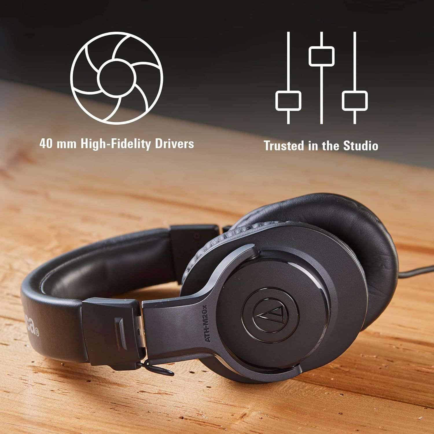 Communicates two distinct technical benefits of the headphones: the high-fidelity audio drivers and professional studio-quality performance, reassuring shoppers of superior sound quality.