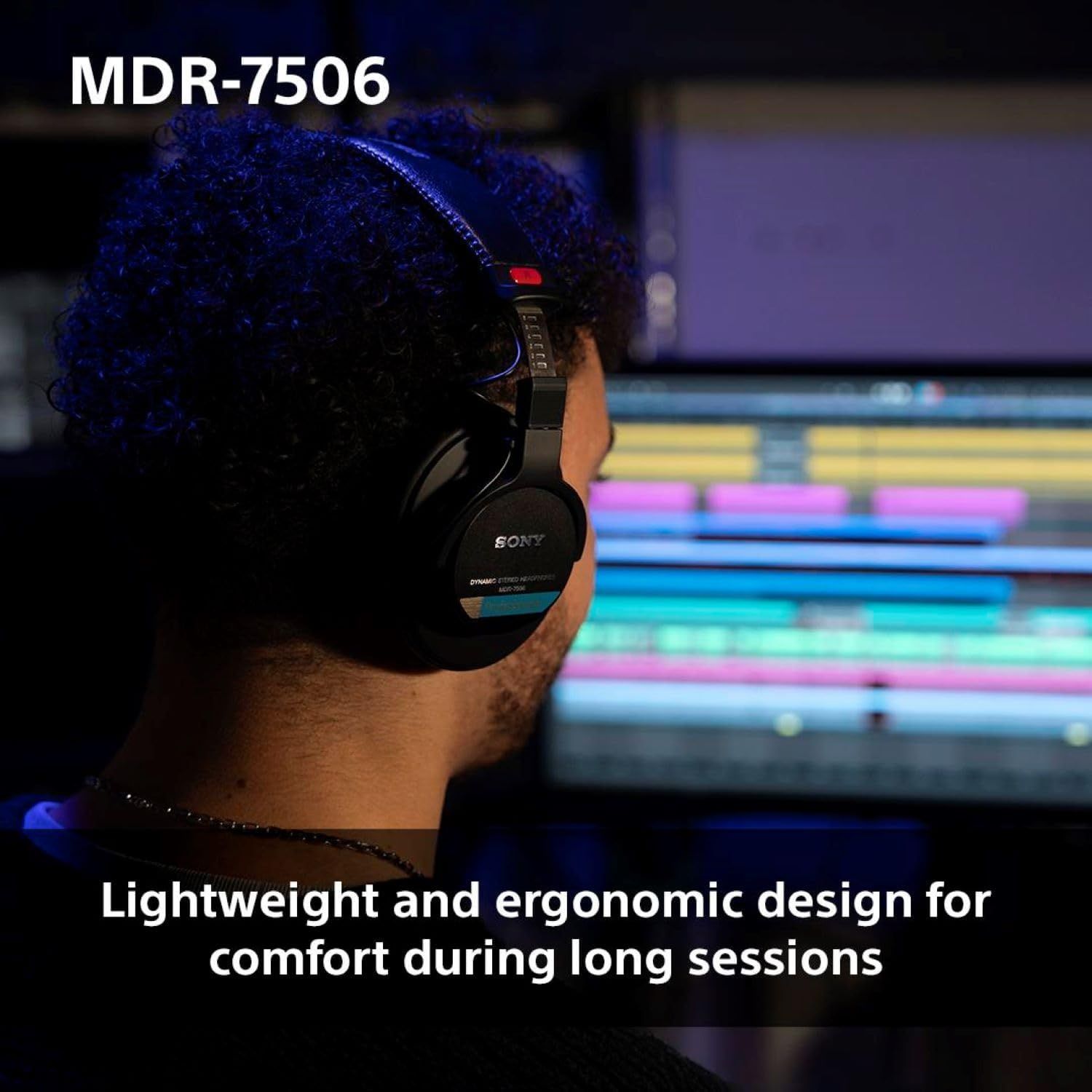 Communicates that the Sony MDR-7506 headphones are designed to be lightweight and ergonomic, ensuring comfort during extended use sessions, particularly for professional audio work.