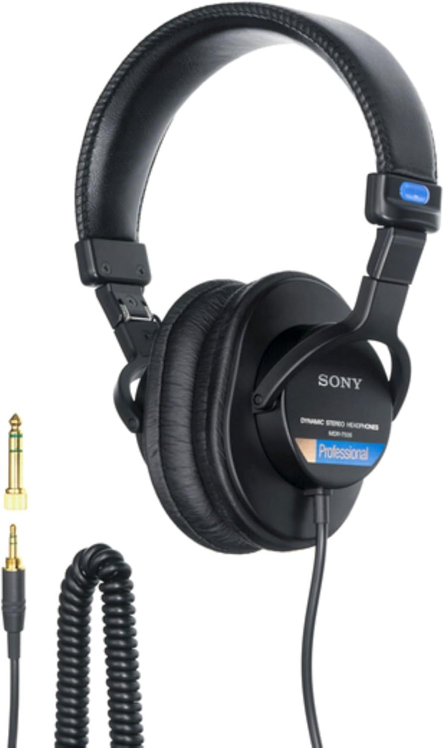 Shows the customer everything included in the package: the Sony professional headphones plus two audio adapter cables (standard and 1/4-inch), reassuring buyers they have all necessary accessories…
