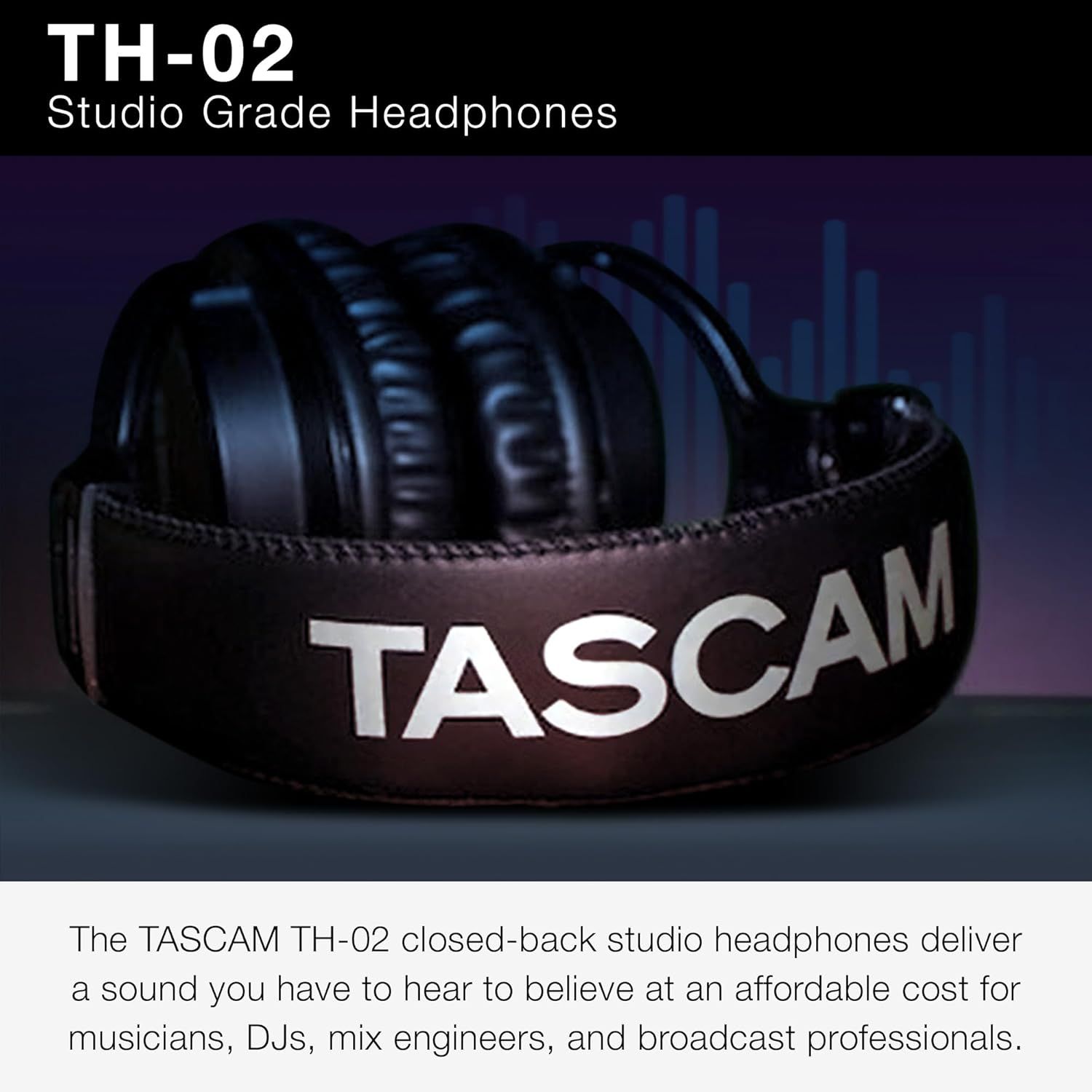 Establishes brand recognition and product identity by prominently displaying the TASCAM brand name and TH-02 model designation, positioning the headphones as studio-grade professional equipment.