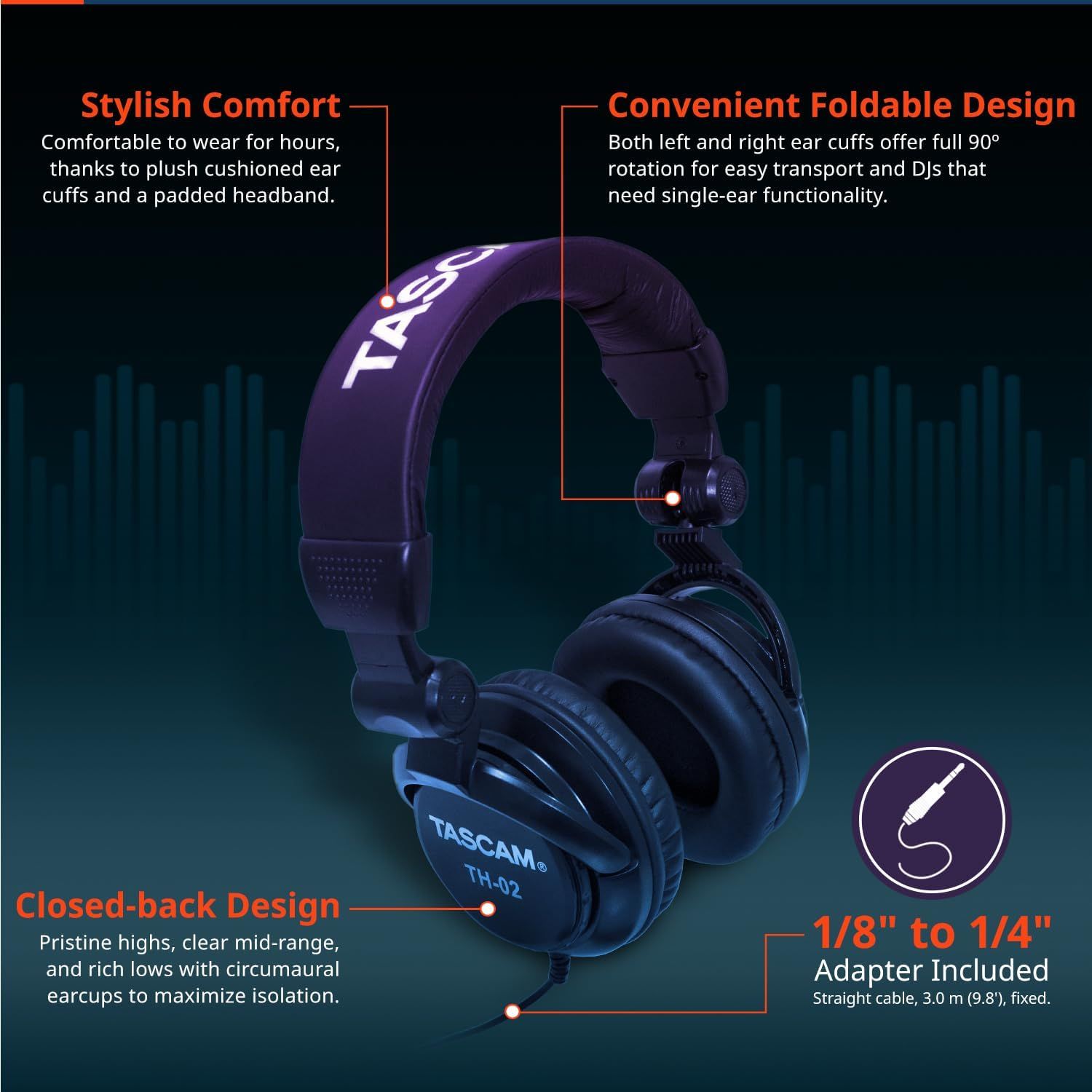 This image breaks down the headphones' key physical features and design elements—comfort, foldability, closed-back construction, and included adapter—to help shoppers understand the product's…
