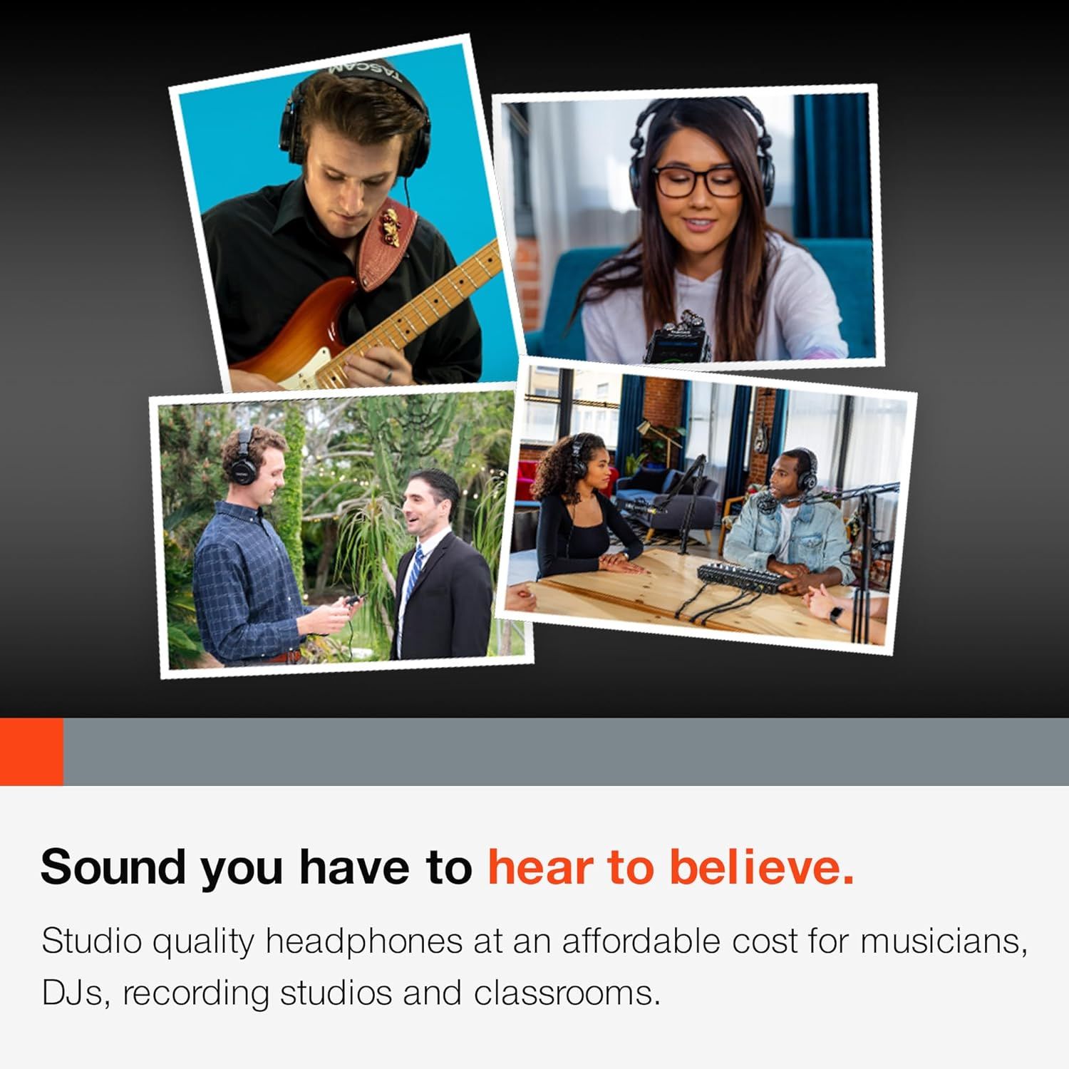 Demonstrates the versatility of the headphones by showing multiple real-world scenarios and user types, reassuring shoppers that the product works across diverse professional and creative…
