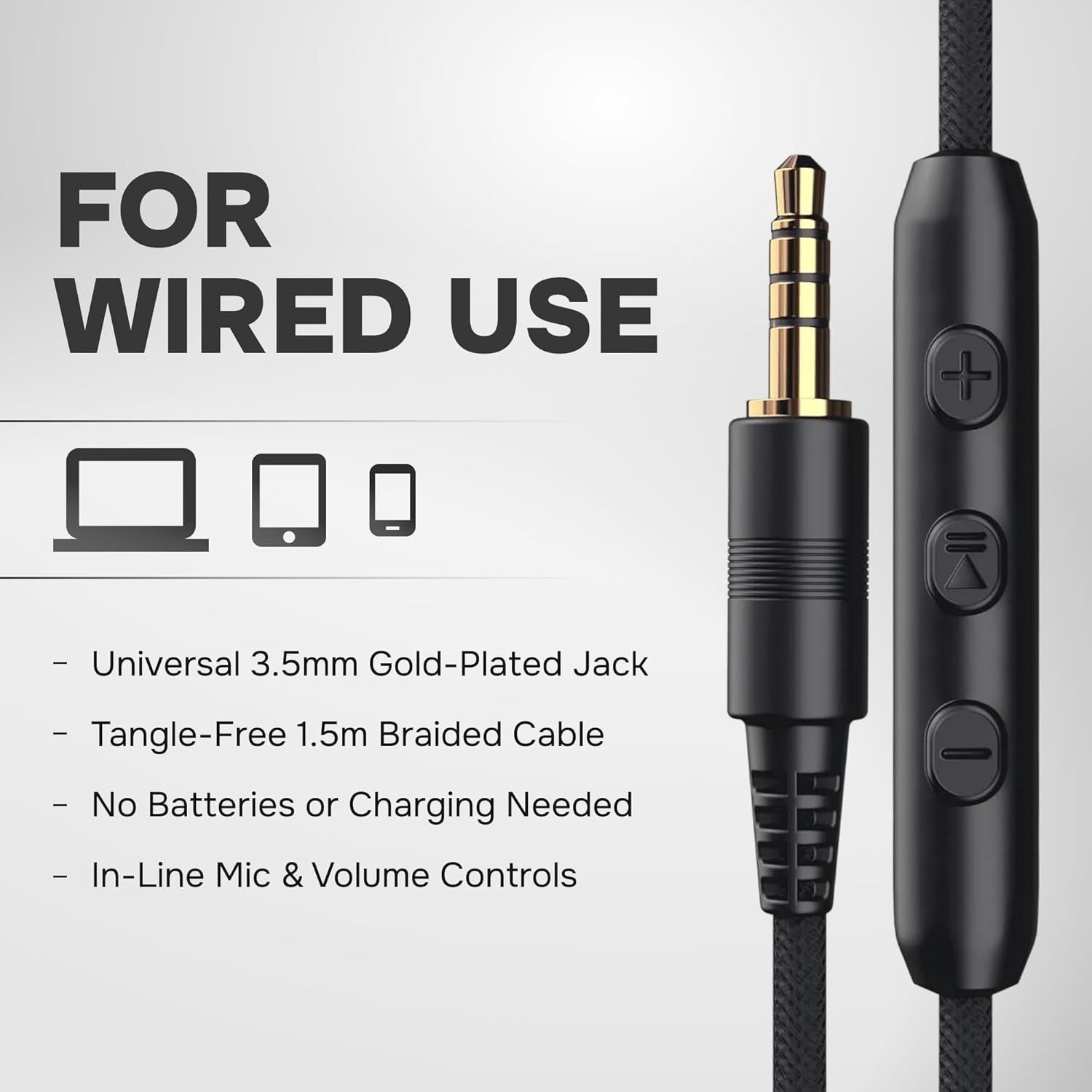 Communicates multiple key benefits of the wired headphone cable in a segmented list format, emphasizing compatibility, convenience, durability, and functionality to reassure shoppers of the…