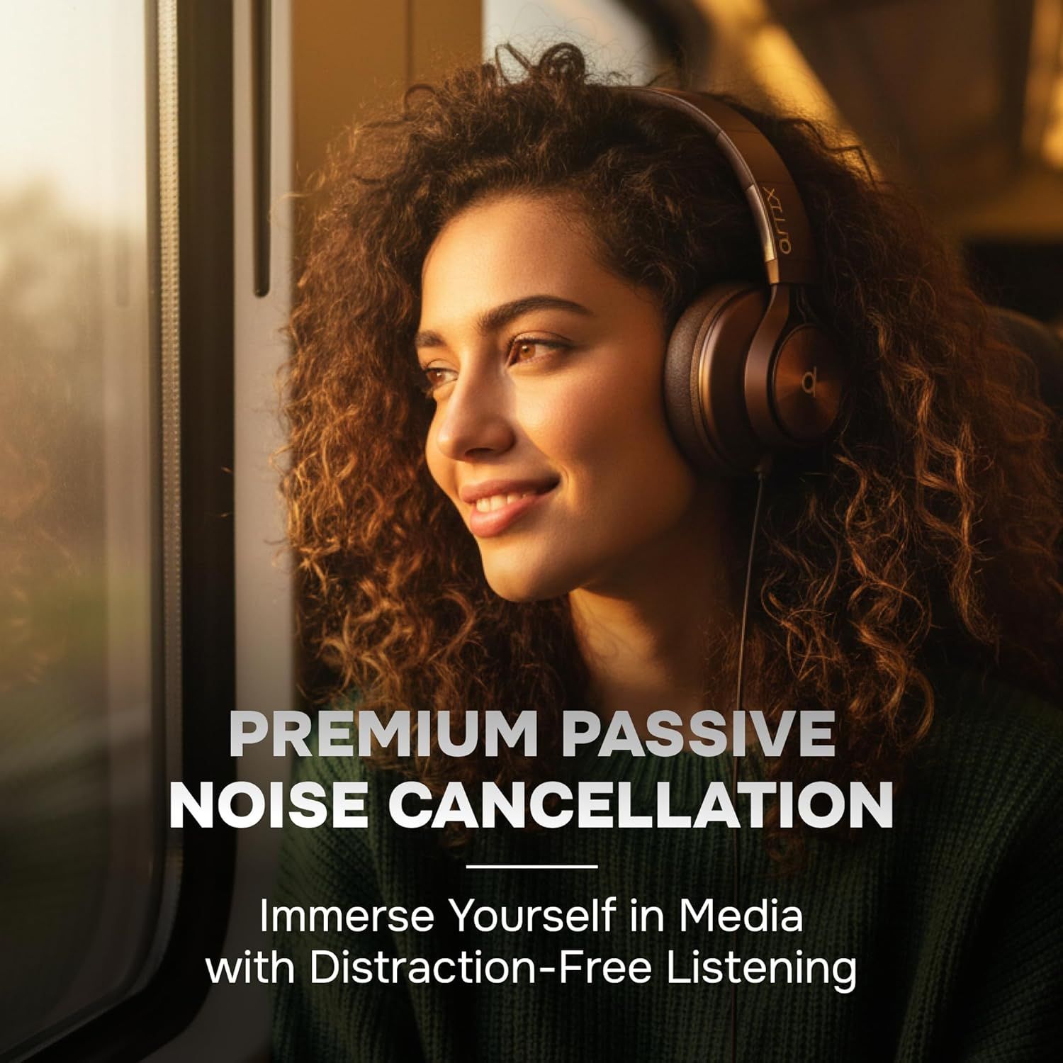 Highlights the headphones' noise cancellation feature to communicate the benefit of immersive, distraction-free listening for shoppers seeking audio quality and focus.