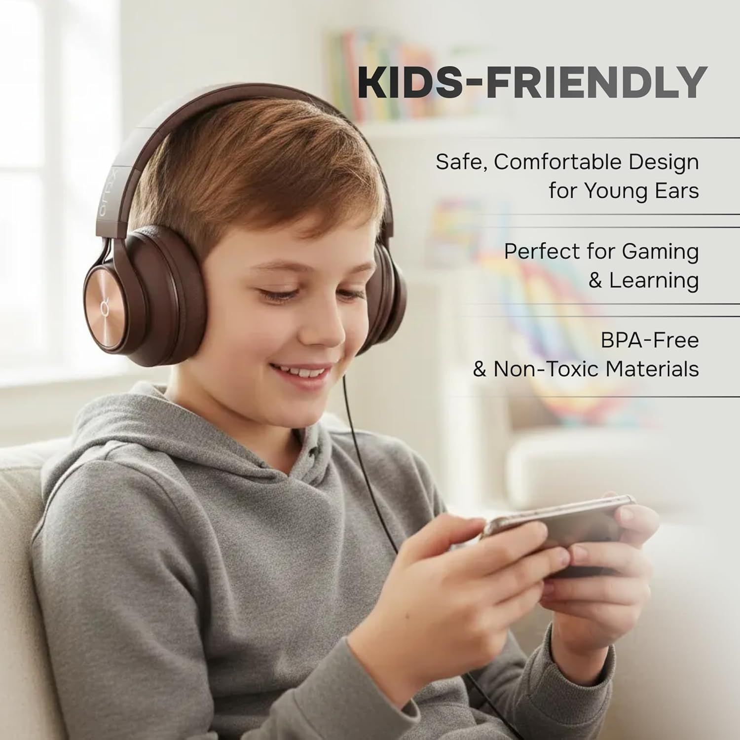 Communicates multiple selling benefits of the headphones designed for children, emphasizing safety, comfort, versatility, and non-toxic materials to reassure parents.
