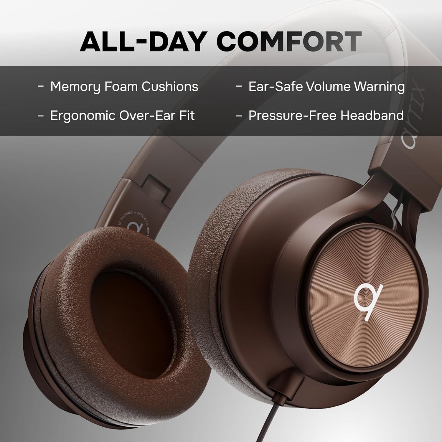 Communicates multiple comfort-focused features of the headphones to reassure shoppers that the product is designed for extended, comfortable use throughout the day.