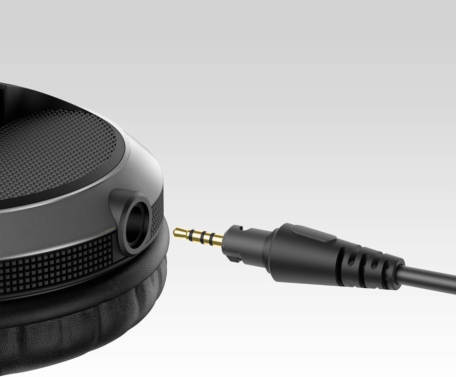 Highlights the wired audio connection capability of the headphones, showing the 3.5mm jack port and cable to reassure shoppers about universal compatibility and connection options.