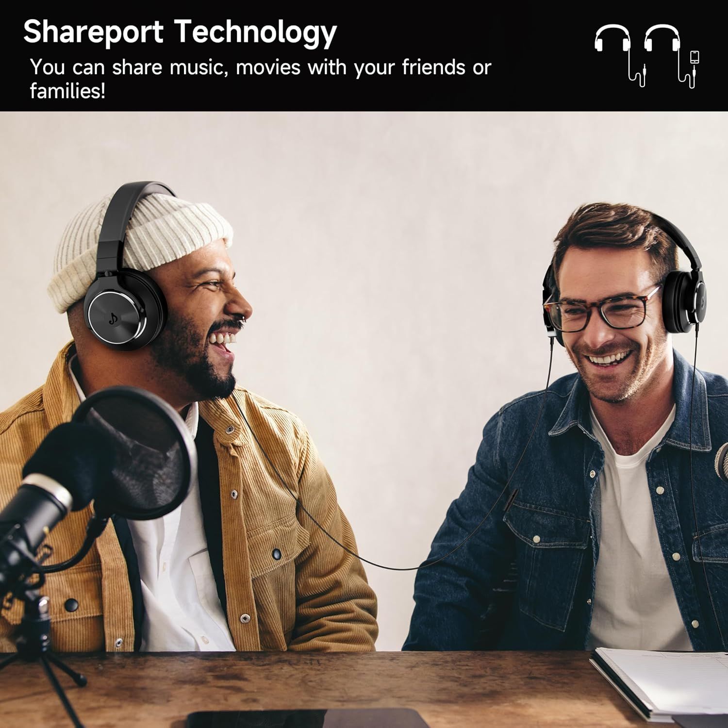 Communicates that the headphones feature Shareport Technology, allowing users to share music and movies with friends or family, emphasizing social connectivity and shared listening experiences.