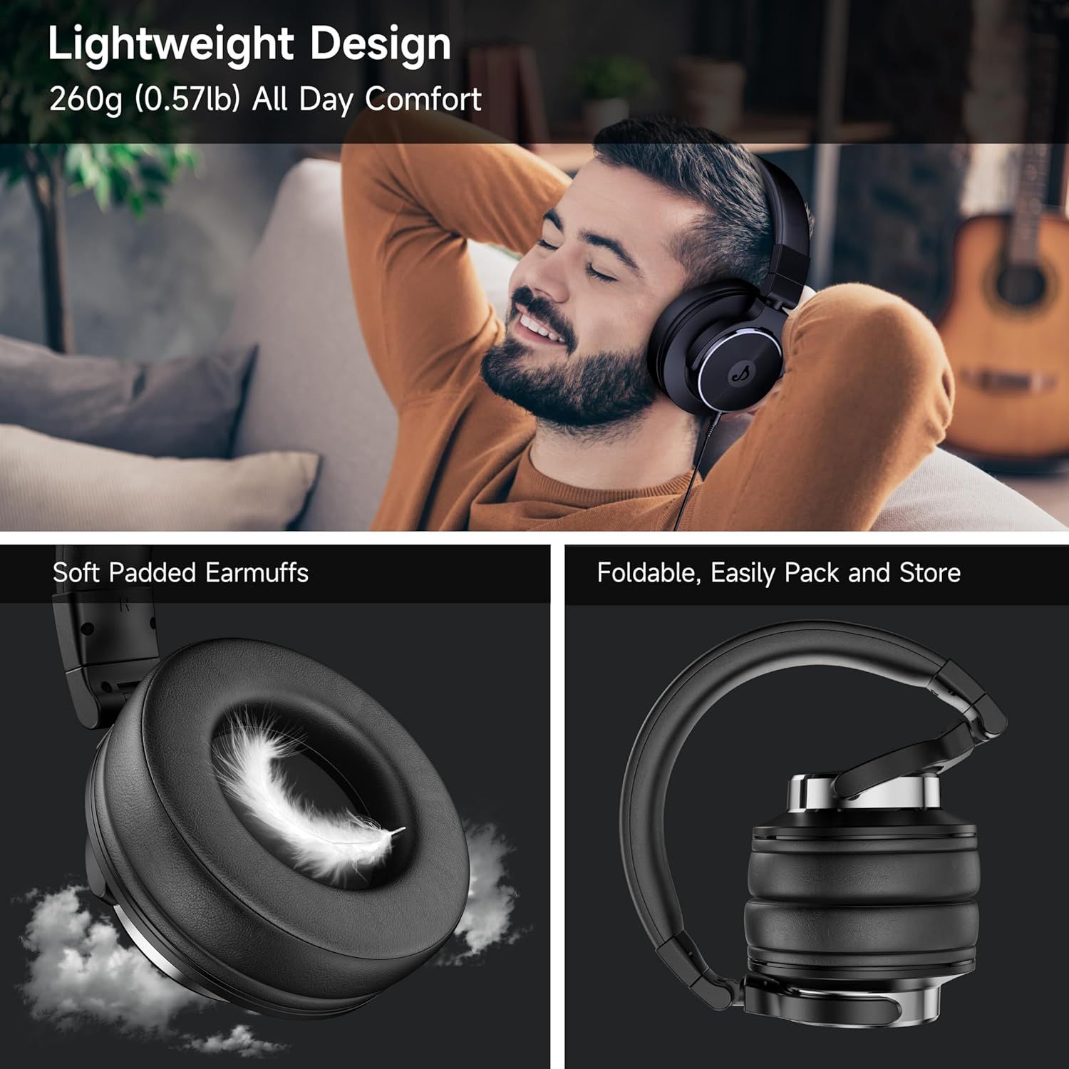 Communicates three distinct product benefits in a segmented layout: the lightweight comfort for all-day wear, soft padded earmuffs for comfort, and foldable portability for easy storage and travel.