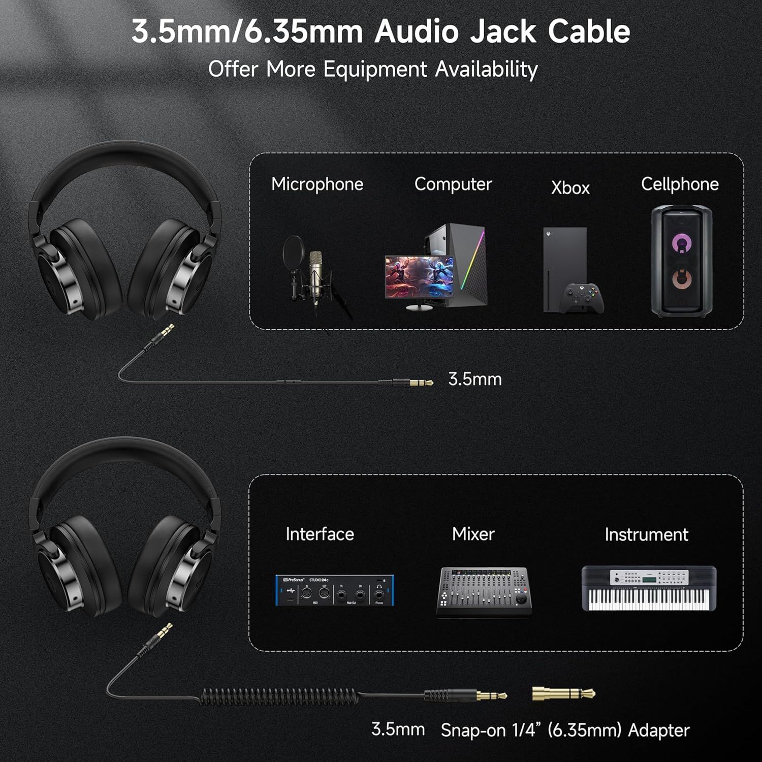 Demonstrates the wide range of devices and equipment the audio cable is compatible with, including microphones, computers, Xbox, cellphones, audio interfaces, mixers, and instruments, reassuring…