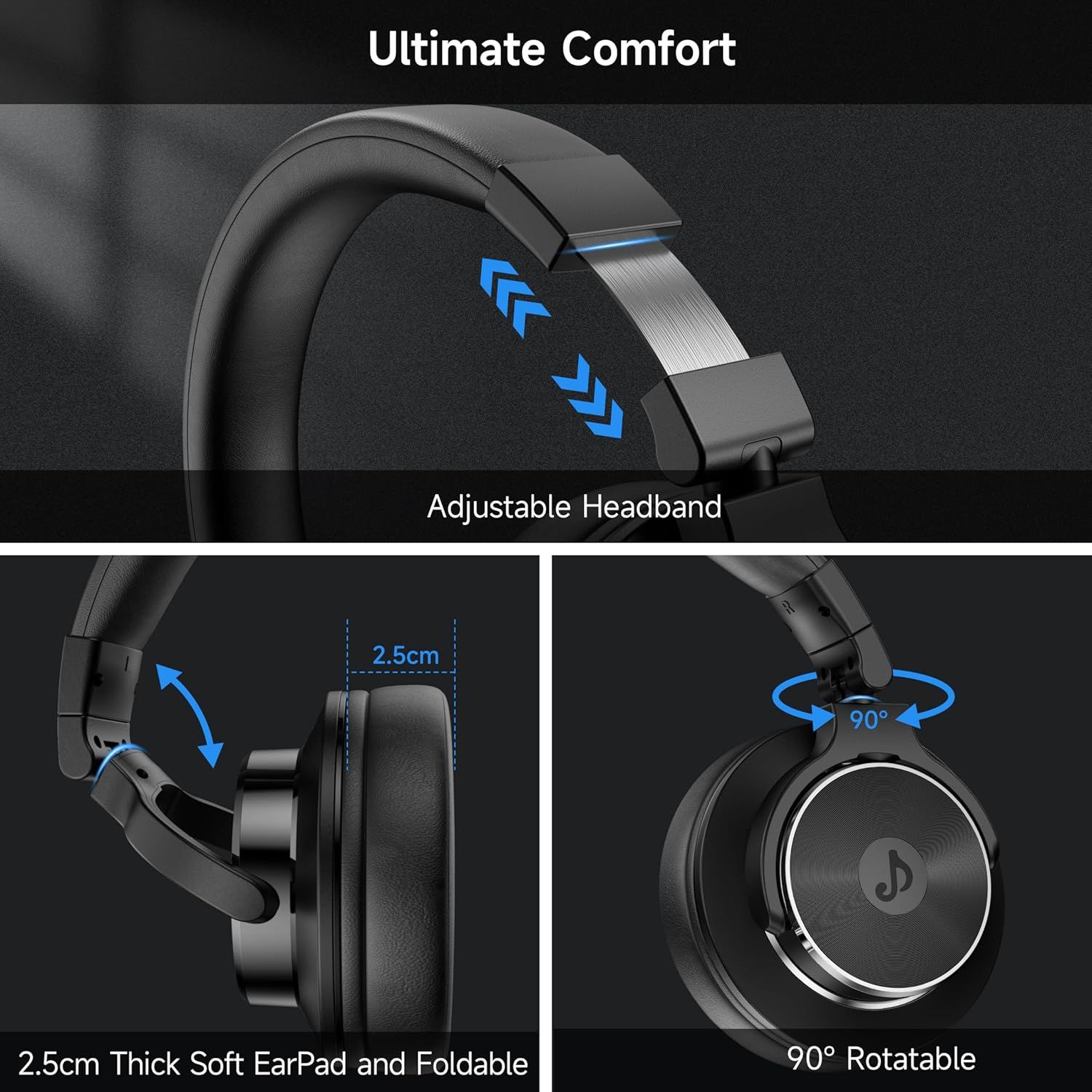 Demonstrates multiple comfort and convenience features of the headphones, including adjustability, cushioning, portability, and flexibility to reassure shoppers of superior ergonomic design.