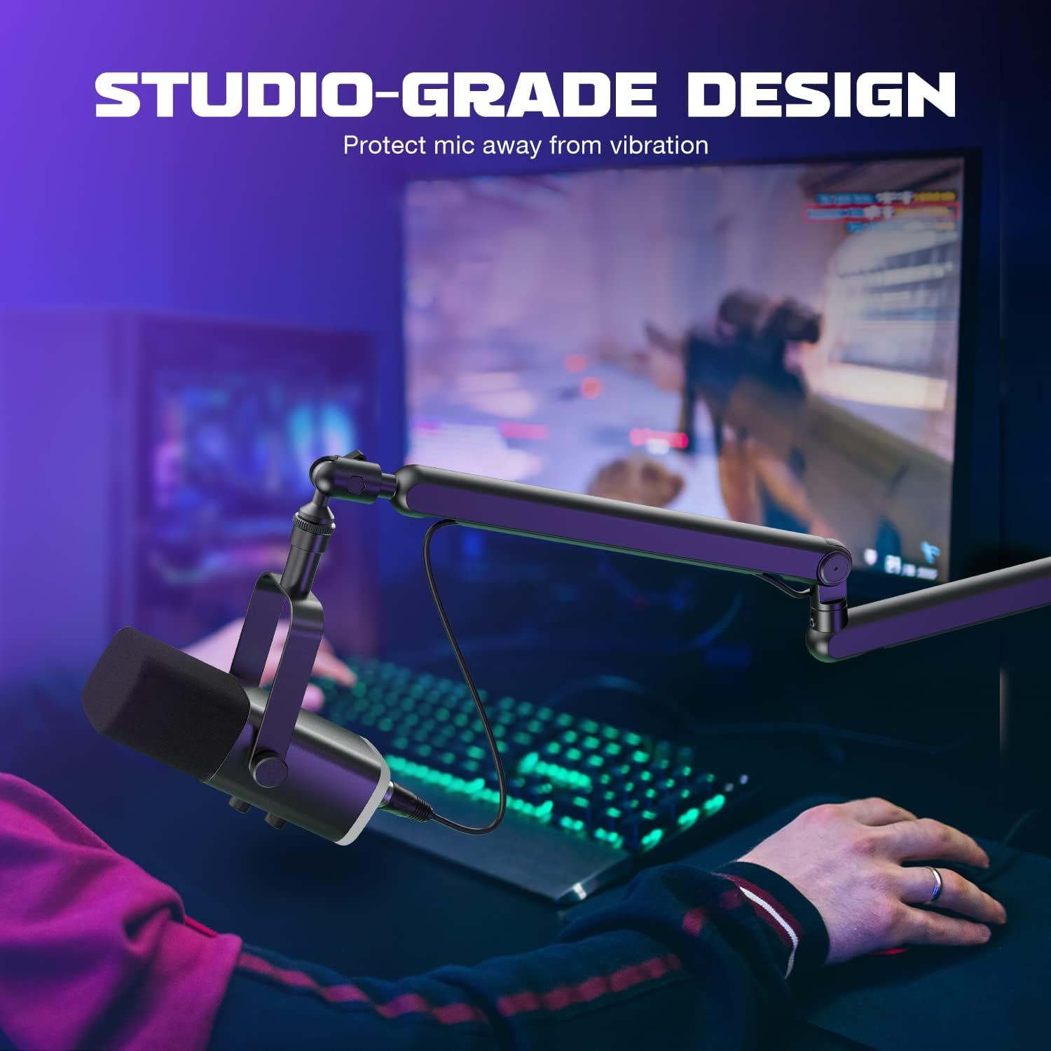 Highlights the microphone's studio-grade design and vibration protection feature to reassure gamers and content creators that it delivers professional audio quality by isolating the mic from desk…