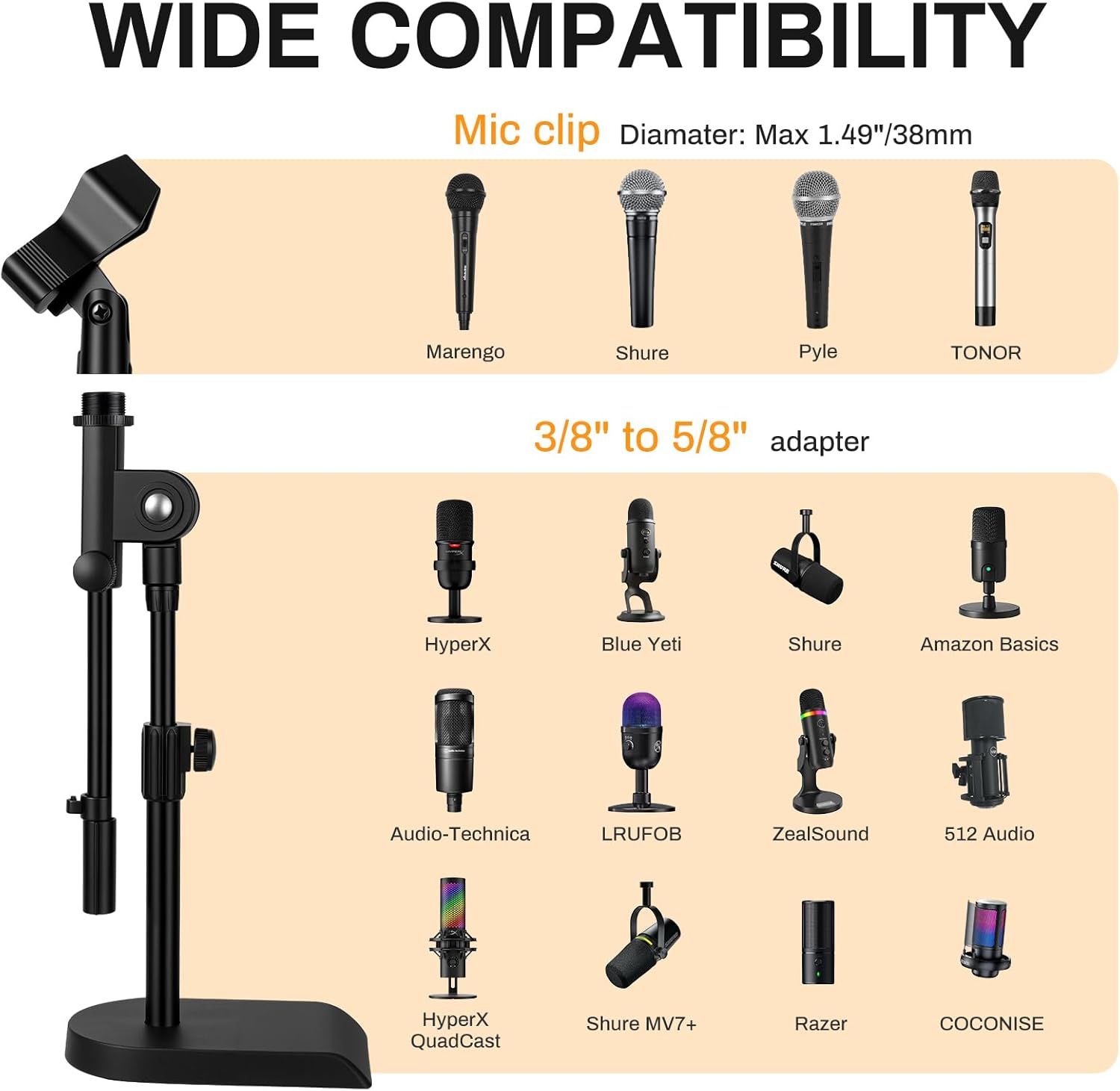 Demonstrates the product's compatibility with a wide range of microphone brands and models, reassuring shoppers that the stand will work with their existing equipment.