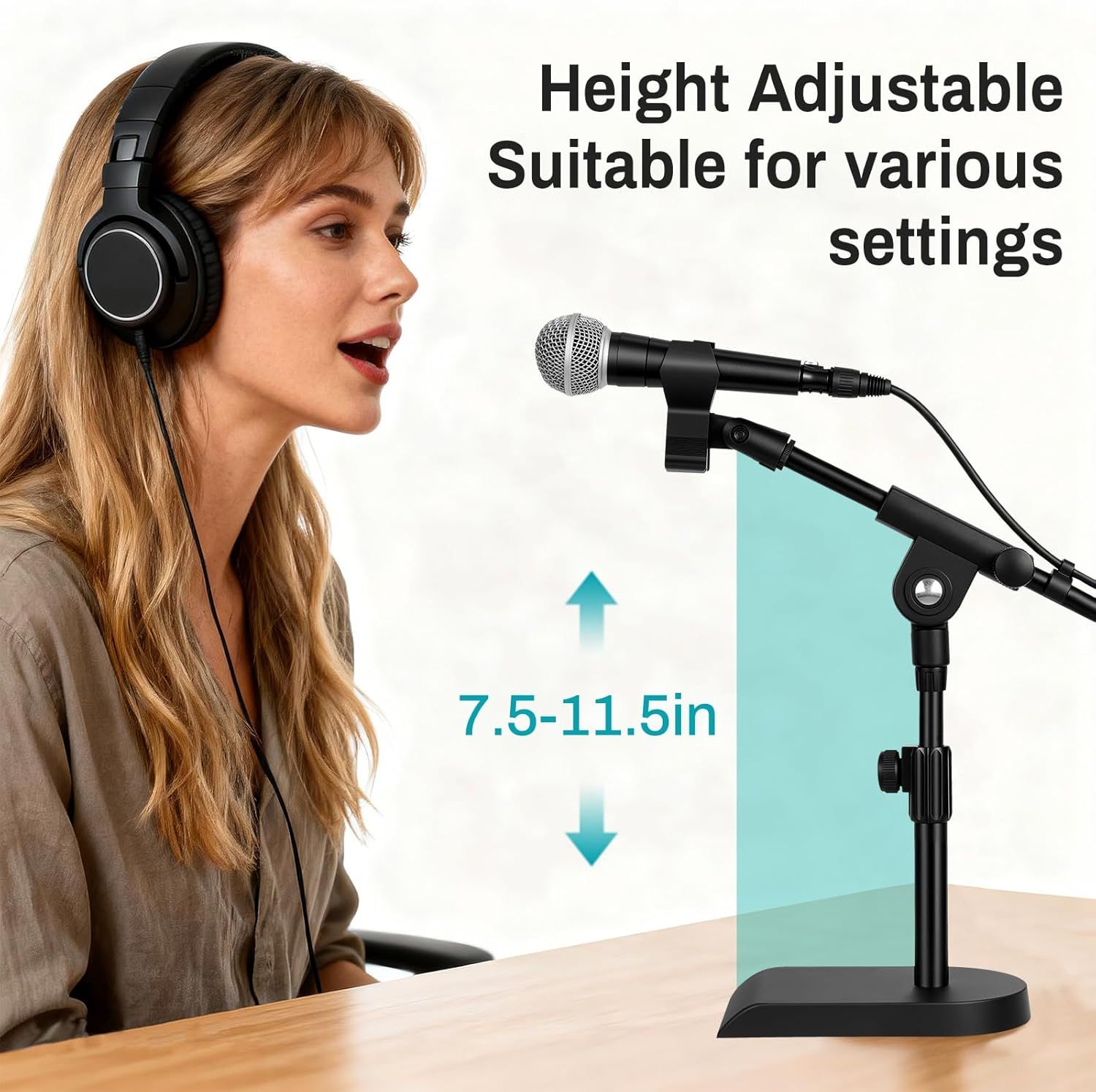Communicates the adjustable height range (7.5-11.5 inches) of the microphone stand to reassure shoppers it can be customized for various recording or speaking settings. Highlights the product's…