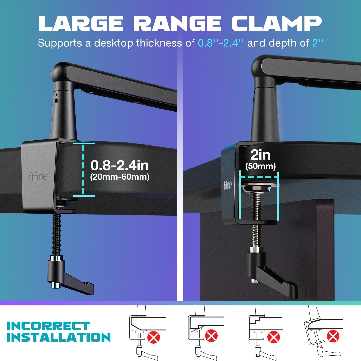 Communicates the exact dimensional compatibility of the clamp mechanism, showing shoppers which desk thicknesses and depths the product will fit to ensure purchase confidence.