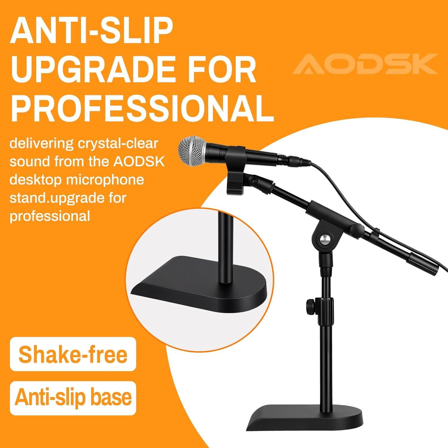 Highlights the anti-slip base feature of the microphone stand to reassure professional users that the stand provides stability and prevents movement during use. Communicates the professional-grade…