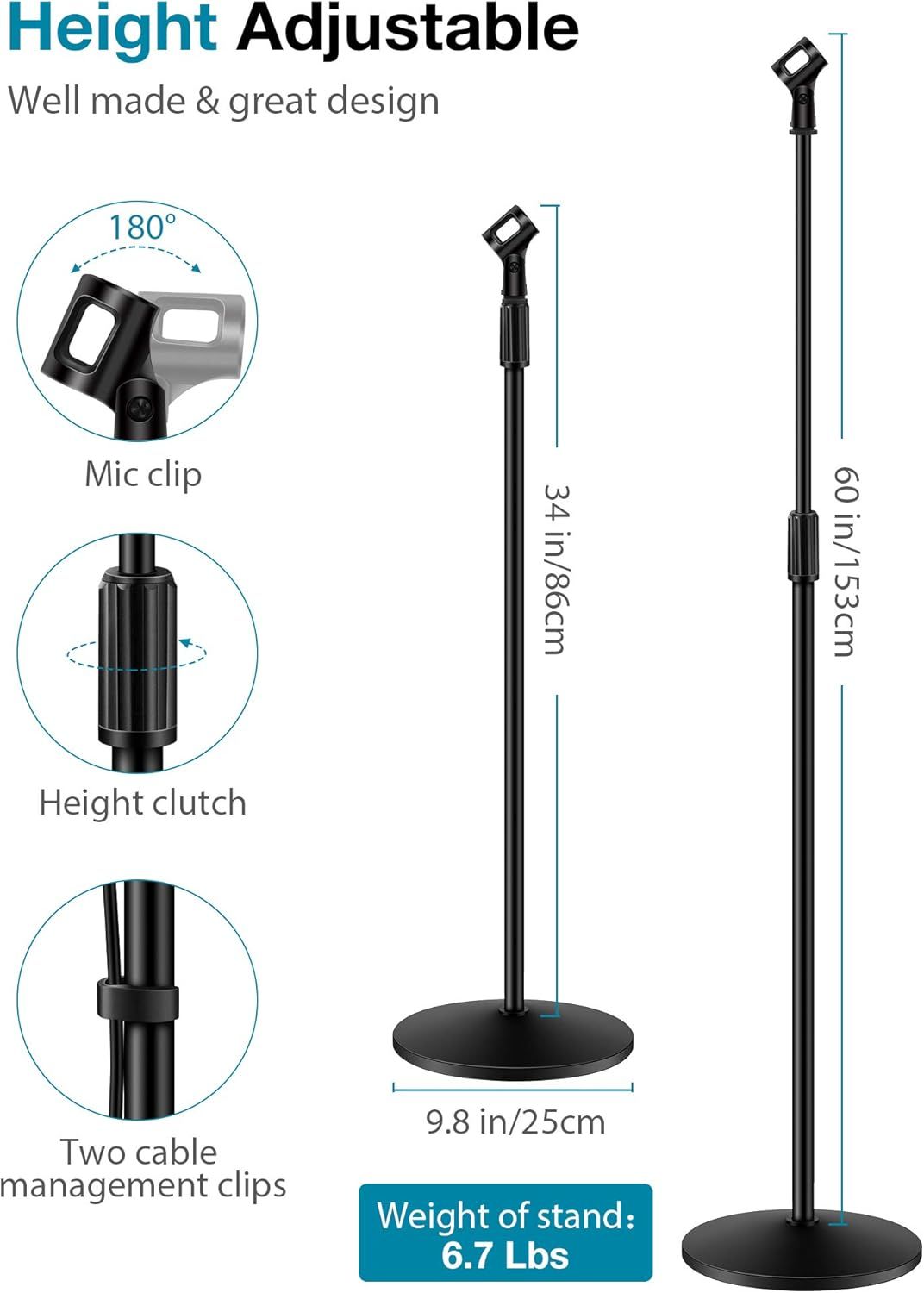 Breaks down the physical components and adjustment mechanisms of the microphone stand to help shoppers understand its construction and functional parts. Showcases multiple distinct benefits…